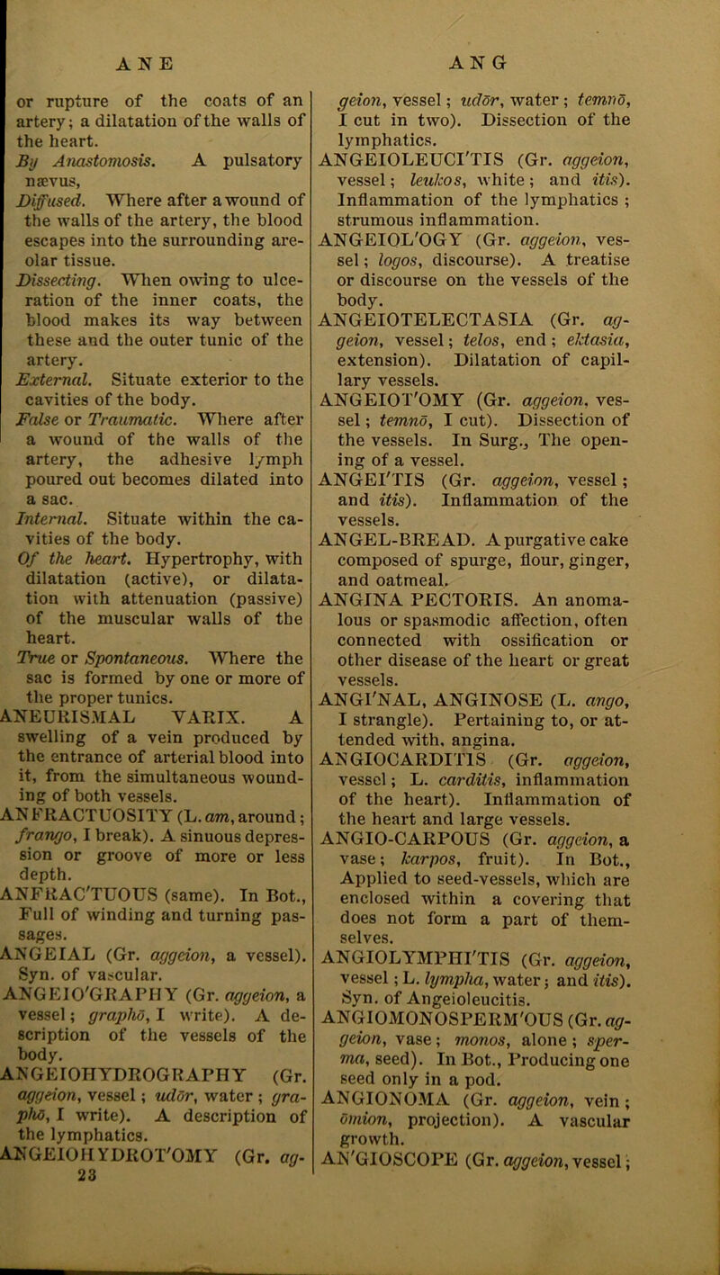 or rupture of the coats of an artery; a dilatation of the walls of the heart. By Anastomosis. A pulsatory naevus. Diffused. Where after a wound of the walls of the artery, the blood escapes into the surrounding are- olar tissue. Dissecting. When owing to ulce- ration of the inner coats, the blood makes its way between these and the outer tunic of the artery. External. Situate exterior to the cavities of the body. False or Traumatic. Where after a wound of the walls of the artery, the adhesive lymph poured out becomes dilated into a sac. Internal. Situate within the ca- vities of the body. Of the heart. Hypertrophy, with dilatation (active), or dilata- tion with attenuation (passive) of the muscular walls of the heart. True or Spontaneous. Where the sac is formed by one or more of the proper tunics. ANEURIS.MAL VARIX. A swelling of a vein produced by the entrance of arterial blood into it, from the simultaneous wound- ing of both vessels. AN FKACTUOSITY (L. am, around; frango, I break). A sinuous depres- sion or groove of more or less depth. ANFRAC'TUOUS (same). In Bot., Full of winding and turning pas- sages. ANGEIAL (Gr. aggdon, a vessel). Syn. of vascular. ANGEIO'GEAPHY (Gr. aggdon, a vessel; grapho, I write). A de- scription of the vessels of the body. ANGEIOHYDROGRAPHY (Gr. aggdon, vessel; udor, water ; gra- phti, I write). A description of the lymphatics. ANGEIOHYDROT'OMY (Gr. ag- 23 geion, vessel; udor, water; temno, I cut in two). Dissection of the lymphatics. ANGEIOLEUCI'TIS (Gr. aggdon, vessel; leukos, white; and itis). Inflammation of the lymphatics ; strumous inflammation. ANGEIQI/OGY (Gr. aggdon, ves- sel ; logos, discourse). A treatise or discourse on the vessels of the body. ANGEIOTELECTASIA (Gr. ag- geion, vessel; telos, end; ektasia, extension). Dilatation of capil- lary vessels. ANGEIOT'OMY (Gr. aggdon, ves- sel ; temno, I cut). Dissection of the vessels. In Surg., The open- ing of a vessel. ANGEI'TIS (Gr. aggdon, vessel; and itis). Inflammation of the vessels. ANGEL-BREAD. A purgative cake composed of spurge, flour, ginger, and oatmeal. ANGINA PECTORIS. An anoma- lous or spasmodic affection, often connected with ossification or other disease of the heart or great vessels. ANGl'NAL, ANGINOSE (L. ango, I strangle). Pertaining to, or at- tended with, angina. ANGIOCARDIT1S (Gr. aggdon, vessel; L. carditis, inflammation of the heart). Inflammation of the heart and large vessels. ANGIO-CARPOUS (Gr. aggdon, a vase; karpos, fruit). In Bot., Applied to seed-vessels, which are enclosed within a covering that does not form a part of them- selves. ANGIOLYMPHI'TIS (Gr. aggdon, vessel; L. lympha, water; and itis). Syn. of Angeioleucitis. ANGIOMONOSPERM'OUS (Gr. ag- gdon, vase ; monos, alone ; sper- ma, seed). In Bot., Producing one seed only in a pod. ANGIONOMA (Gr. aggdon, vein; omion, projection). A vascular growth. AN'GIOSCOPE (Gr. aggdon, vessel;