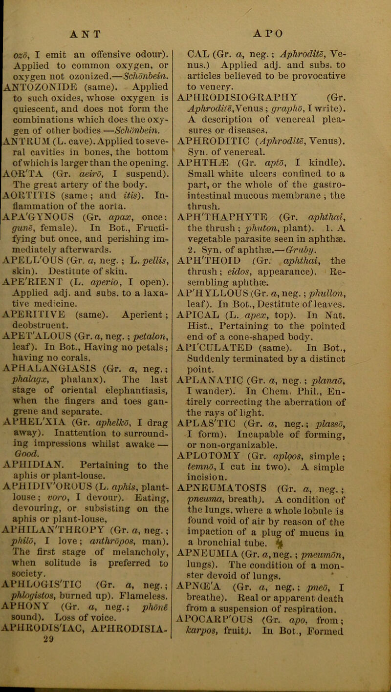 ozo, I emit an offensive odour). Applied to common oxygen, or oxygen not ozonized.—Schonbein. ANTOZONIDE (same). Applied to such oxides, whose oxygen is quiescent, and does not form the combinations which does the oxy- gen of other bodies —Schonbein. ANTRUM (L. cave). Applied to seve- ral cavities in bones, the bottom of which is larger than the opening. AOR'TA (Gr. aeiro, I suspend). The great artery of the body. AORTITIS (same ; and itis). In- flammation of the aorta. APA'GYNOUS (Gr. apax, once; gune, female). In Bot., Fructi- fying but once, and perishing im- mediately afterwards. APELL'OUS (Gr. a, neg. ; L. pellis, skin). Destitute of skin. APE'RIENT (L. aperio, I open). Applied adj. and subs, to a laxa- tive medicine. APERITIVE (same). Aperient; deobstruent. APET'ALOUS (Gr. a, neg.; petalon, leaf). In Bot., Having no petals; having no corals. APHALANGIASIS (Gr. a, neg.; phalagx, phalanx). The last stage of oriental elephantiasis, when the lingers and toes gan- grene and separate. APHEL'XIA (Gr. aphellcd, I drag away). Inattention to surround- ing impressions whilst awake — Good. APHIDIAN. Pertaining to the aphis or plant-louse. APHIDIY'OROUS (L. aphis, plant- louse; voro, I devour). Eating, devouring, or subsisting on the aphis or plant-louse, APHILAN'THROPY (Gr. a, neg.; phild, I love; anthrdpos, man). The first stage of melancholy, when solitude is preferred to society. APHLOGIS'TIC (Gr. a, neg.; phloyistos, burned up). Flameless. APHONY (Gr. a, neg.; phone sound). Loss of voice. APIIRODIy'IAC, APHRODISIA- 29 CAL (Gr. a, neg.; Aphrodite, Ye- nus.) Applied adj. and subs, to articles believed to be provocative to venery. APHRODISIOGRAPITY (Gr. Aphrodite, Venus; graphs, I write). A description of venereal plea- sures or diseases. APHRODITIC (Aphrodite, Venus). Syn. of venereal. APHTHiE (Gr. apto, I kindle). Small white ulcers confined to a part, or the whole of the gastro- intestinal mucous membrane ; the thrush. APH'THAPHYTE (Gr. aphthai, the thrush ; phuton, plant). 1. A vegetable parasite seen in aphthae. 2. Syn. of aphthae.—Gruby. APH'THOID (Gr. aphthai, the thrush; eiclos, appearance). Re- sembling aphthae. AP'H YLLOUS (Gr. a, neg.; pliullon, leaf). In Bot., Destitute of leaves. APICAL (L. apex, top). In Nat. Hist., Pertaining to the pointed end of a cone-shaped body. API'CULATED (same). In Bot., Suddenly terminated by a distinct point. APLANATIC (Gr. a, neg.; planao, I wander). In Chem. Phil., En- tirely correcting the aberration of the rays of light. APLAS'TIC (Gr. a, neg.; plassd, I form). Incapable of forming, or non-organizable. APLOTOMY (Gr. aploos, simple; temnd, I cut in two). A simple incision. APNEUMATOSIS (Gr. a, neg.; pneuma, breath). A condition of the lungs, where a whole lobule is found void of air by reason of the impaction of a plug of mucus in a bronchial tube. <jjji APNEUMIA (Gr. a, neg.; pneumon, lungs). The condition of a mon- ster devoid of lungs. APNtE'A (Gr. a, neg.; pned, I breathe). Real or apparent death from a suspension of respiration. APOCARP'OUS (Gr. apo, from; Icarpos, fruit). In Bot., Formed