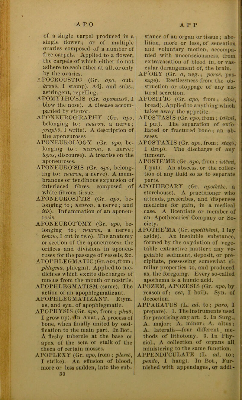 of a single carpel produced in a single flower; or of multiple ovaries composed of a number of free carpels. Applied to a flower, tlie carpels of which either do not adhere to each other at all, or only by the ovaries. APOCROU ST 1C (Gr. apo, out; kroud, I stamp). Adj. and subs., astringent, repelling. APOMYTHO'SIS (Gr. apomussd, I blow the nose). A disease accom- panied by stertor. APONEUEOG'EAPIIY (Gr. apo, belonging to; neuron, a nerve ; grapf.o, 1 write). A description of the aponeuroses APONEUROL'OGYr (Gr. apo, be- longing to; neuron, a nerve; logos, discourse). A treatise on the aponeuroses. APONEUEO'SIS (Gr. apo, belong- ing to; neuron, a nerve). A mem- branous or tendinous expansion of interlaced fibres, composed of white fibrous tissue. APONEUROSI'TIS (Gr. apo, be- longing to; neuron, a nerve; and itis). Inflammation of an aponeu- rosis. APONEUROT'OMY (Gr. apo, be- longing to; neuron, a nerve; temno, I cut in tv o). The anatomy or section of the aponeuroses; the orifices and divisions in aponeu- roses for the passage of vessels, &c. APOPBLEGMATIC (Gr. apo, from; phlegma, phlegm). Applied to me- dicines which excite discharges of mucus from the mouth or nostrils. APOPHLEGMATISM (same). The action of an apophlegmatizant. APOPH LEGM AT1ZAN T. Eiym. as, and syn. of apophlegmatic. APOPHYSIS (Gr. apo, from ; phuo, I grow up).'In Anat., A process of bone, when finally united by ossi- fication to the main part. In Rot., A fleshy tubercle at the base or apex of the seta or stalk of the theca of certain mosses. APOPLEXY (Gr. apo, from ; plcsso, I strike). An effusion of blood, more or less sudden, into the sub- 30 stance of an organ or tissue ; abo- : lition, more or less, of sensation and voluntary motion, accompa- nied with unconsciousness, from extravasation of blood in, or vas- cular derangement of, the brain. AP'ORY (Gr. a, neg.; jgoros, pas- sage). Restlessness from the ob- struction or stoppage of any na- tural secretion. APOSITYC (Gr. apo, from; sitos, bread). Applied to anything which takes away the appetite. APOS'TASIS (Gr. opo, from ; istemi, I put). The separation of exfo- liated or fractured bone; an ab- scess. APOS'TAXIS (Gr. apo, from; stago, I drop). The discharge of any tumour. APOSTE'YIE (Gr. apo, from ; istemi, I put). An abscess, or the collec- tion of any fluid so as to separate parts. APOTHECARY (Gr. apotheke, a storehouse). A practitioner who attends, prescribes, and dispenses medicine for gain, in a medical case. A licentiate or member of an Apothecaries’ Company or So- ciety. APOTHE'MA (Gr. apotitliemi, I lay aside). An insoluble substance, formed by the oxydation of vege- table extractive matter; any ve- getable sediment, deposit, or pre- cipitate, possessing somewhat si- milar properties to, and produced as, the foregoing. Every so-called apothema is a humic acid. APOZEM, APOZESIS (Gr. apo, by reason of; zed, I boil). Syn. of decoction. APPARATUS (L. ad, to; paro, I prepare). 1. The instruments used for practising any art. 2. In Surg., A. major; A. minor; A. altus ; A. lateralis—four different t me- thods of lithotomy. 3. In Phy- siol., A collection of organs all ministering to the same function. APPENDI'CULATE (L. ad, to; pendo, I hang). In Rot., Fur- nished with appendages, or addi*