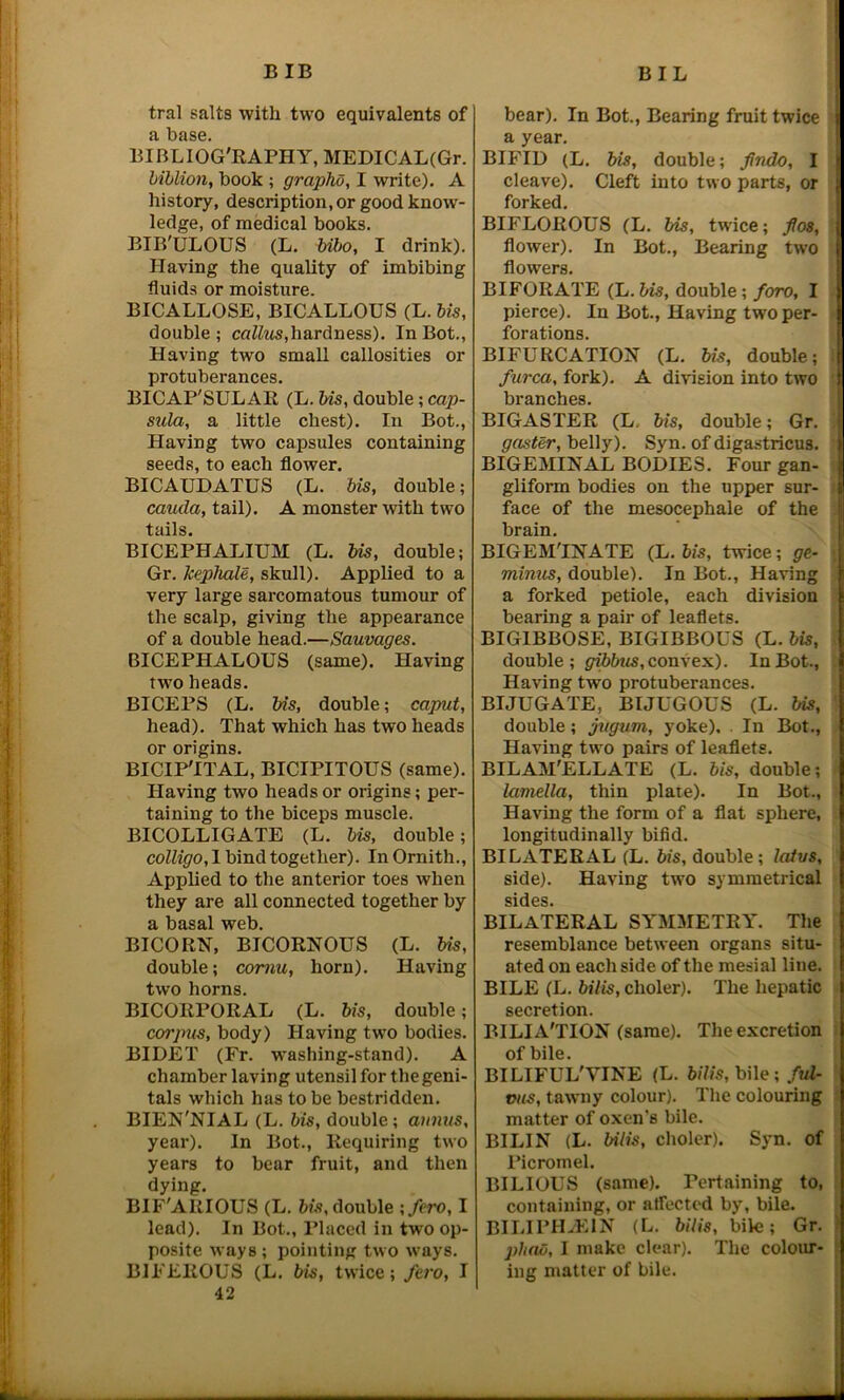 tral salts with two equivalents of a base. BIBLIOG'RAPHY, MEDICAL(Gr. biblion, book ; grapho, I write). A history, description, or good know- ledge, of medical books. BIB'ULOUS (L. bibo, I drink). Having the quality of imbibing fluids or moisture. BICALLOSE, BICALLOUS (L. bis, double; callus,hardness). InBot., Having two small callosities or protuberances. BICAP'SULAR (L. bis, double; cap- sula, a little chest). In Bot., Having two capsules containing seeds, to each flower. BICAUDATUS (L. bis, double; cauda, tail). A monster with two tails. BICEPHALIUM (L. bis, double; Gr. kephale, skull). Applied to a very large sarcomatous tumour of the scalp, giving the appearance of a double head.—Sauvages. BICEPHALOUS (same). Having two heads. BICEPS (L. bis, double; caput, head). That which has two heads or origins. BICIPTTAL, BICIPITOUS (same). Having two heads or origins; per- taining to the biceps muscle. BICOLLIGATE (L. bis, double; colligo, I bind together). In Ornith., Applied to the anterior toes when they are all connected together by a basal web. BICORN, BICORNOUS (L. bis, double; cornu, horn). Having two horns. BICORPORAL (L. bis, double; corpus, body) Having two bodies. BIDET (Fr. washing-stand). A chamber laving utensil for the geni- tals which has to be bestridden. BIEN'NIAL (L. bis, double; annus, year). In Bot., Requiring two years to bear fruit, and then dying. BIF'ARIOUS (L. bis, double ;fero, I lead). In Bot., Placed in two op- posite ways ; pointing two ways. BIFEROUS (L. bis, twice; fe.ro, I 42 bear). In Bot., Bearing fruit twice a year. BIFID (L. bis, double; fmdo, I cleave). Cleft into two parts, or forked. BIFLOROUS (L. bis, twice; flos, flower). In Bot., Bearing two flowers. BIFORATE (L.bis, double; foro, I pierce). In Bot., Having two per- forations. BIFURCATION (L. bis, double; furca, fork). A division into two branches. BIGASTER (L, bis, double; Gr. \ gaster, belly). Syn. of digastricus. BIGEMINAL BODIES. Four gan- gliform bodies on the upper sur- face of the mesocephale of the brain. BIGEM'INATE (L. bis, twice; ge- ; minus, double). In Bot., Having a forked petiole, each division bearing a pair of leaflets. BIG1BBOSE, BIGIBBOUS (L. bis, double ; gibbus,convex). InBot., Having two protuberances. BIJUGATE, BIJUGOUS (L. bis, double; jugum, yoke). In Bot., Having twro pairs of leaflets. BILAM'ELLATE (L. bis, double; lamella, thin plate). In Bot., Having the form of a flat sphere, longitudinally bifid. BILATERAL (L. bis, double; lotus, side). Having two symmetrical sides. BILATERAL SYMMETRY. The resemblance between organs situ- ated on each side of the mesial line. BILE (L. bilis, clioler). The hepatic secretion. BILIA'TION (same). The excretion of bile. BILIFUL'VINE (L. bilis, bile; /vi- rus, tawny colour). The colouring matter of oxen’s bile. BILIN (L. bilis, clioler). Syn. of Picromel. BILIOUS (same). Pertaining to, containing, or affected by, bile. BILIPHACIN (L. bilis, bile; Gr. jdiao, I make clear). The colour- ing matter of bile.