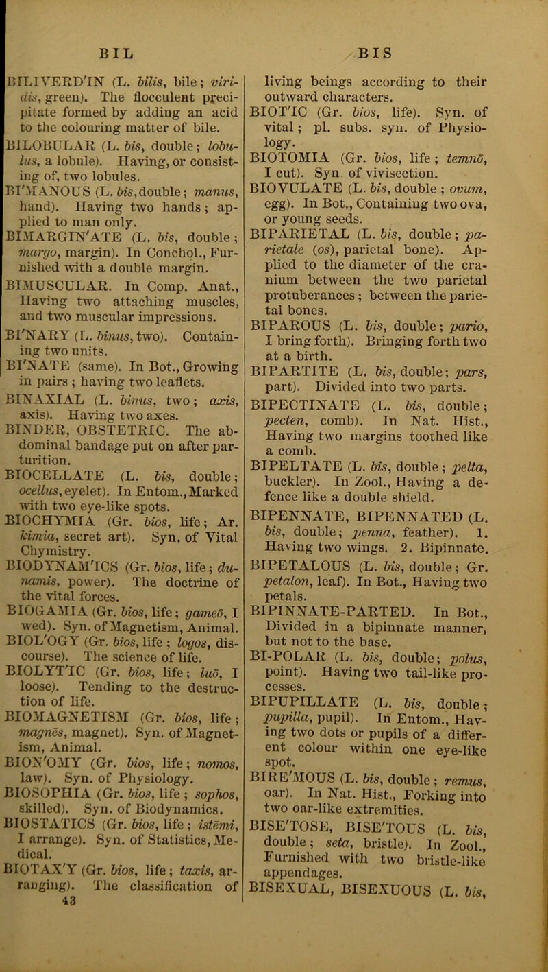 BILIVERD'IN (L. bilis, bile; viri- dis, green). The flocculent preci- pitate formed by adding an acid to the colouring matter of bile. B1LOBULAR (L. bis, double; lobu- lus, a lobule). Having, or consist- ing of, two lobules. BI'MANOUS (L. bis,double; manus, hand). Having two hands; ap- plied to man only. BIMARGIN'ATE (L. bis, double; margo, margin). In Conchol., Fur- nished with a double margin. BIMUSCULAR. In Comp. Anat., Having two attaching muscles, and two muscular impressions. BI'NARY (L. binus, two). Contain- ing two units. BI'NATE (same). In Bot., Growing in pairs ; having two leaflets. BINAXIAL (L. binus, two; axis, axis). Having two axes. BINDER, OBSTETRIC. The ab- dominal bandage put on after par- turition. BIOCELLATE (L. bis, double; ocellus, eyelet). In Entom., Marked with two eye-like spots. BIOCHYMIA (Gr. bios, life; Ar. Icimia, secret art). Syn. of Vital Chymistry. BIODYNAM'ICS (Gr. bios, life; du- namis, power). The doctrine of the vital forces. BIOGAMIA (Gr. bios, life; gamed, I wed). Syn. of Magnetism, Animal. BIOL'OGY (Gr. bios, life ; logos, dis- course). The science of life. BIOLYT'IC (Gr. bios, life; lud, I loose). Tending to the destruc- tion of life. BIOMAGNETISM (Gr. bios, life; magncs, magnet). Syn. of Magnet- ism, Animal. BION'OMY (Gr. bios, life; nomos, law). Syn. of Physiology. BIOSOPHIA (Gr. bios, life ; sophos, skilled). Syn. of Biodynamics. BIOSTATICS (Gr. bios, life ; istemi, I arrange). Syn. of Statistics, Me- dical. BIOTAX'Y (Gr. bios, life; taxis, ar- ranging). The classification of 43 living beings according to their outward characters. BIOT'IC (Gr. bios, life). Syn. of vital; pi. subs. syn. of Physio- logy- BIOTOMIA (Gr. bios, life; temno, I cut). Syn. of vivisection. BIOVULATE (L. bis, double ; ovum, egg). In Bot., Containing two ova, or young seeds. BIPARIETAL (L. bis, double; pa- rietale (os), parietal bone). Ap- plied to the diameter of the cra- nium between the two parietal protuberances; between the paxue- tal bones. BIPAROUS (L. bis, double; pario, I bring forth). Bringing forth two at a birth. BIPARTITE (L. bis, double; pars, part). Divided into two parts. BIPECTINATE (L. bis, double; pecten, comb). In Nat. Hist., Having two margins toothed like a comb. BIPELTATE (L. bis, double; pelta, buckler). In Zool., Having a de- fence like a double shield. BIPENNATE, BIPENNATED (L. bis, double; penna, feather). 1. Having two wings. 2. Bipinnate. BIPETALOUS (L. bis, double; Gr. petalon, leaf). In Bot., Having two petals. BIPINNATE-PARTED. In Bot., Divided in a bipinnate manner, but not to the base. BI-POLAR (L. bis, double; polus, point). Having two tail-like pro- cesses. BIPUPILLATE (L. bis, double; pupilla, pupil). In Entom., Hav- ing two dots or pupils of a differ- ent colour within one eye-like spot. BIRE'MOUS (L. bis, double; remus, oar). In Nat. Hist., Forking into two oar-like extremities. BISE'TOSE, BISE'TOUS (L. bis, double; seta, bristle). In Zool., Furnished with two bristle-like appendages. BISEXUAL, BISEXUOUS (L. bis.