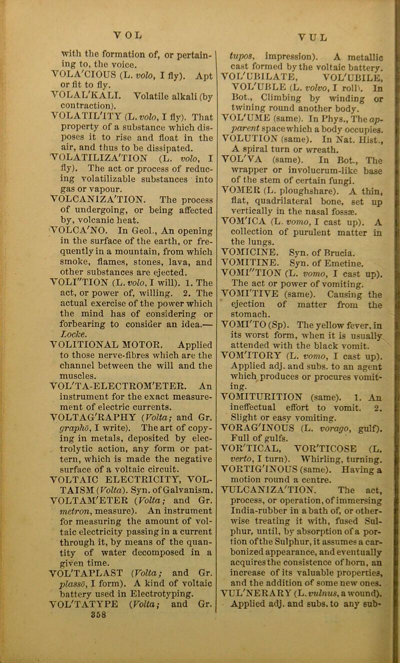 Y OL with the formation of, or pertain- ing to, the voice. VOLA'CIOUS (L. volo, I fly). Apt or fit to fly. VOLAL'KALI. Volatile alkali (by contraction). VOLATILITY (L. volo, I fly). That property of a substance which dis- poses it to rise and float in the air, and thus to be dissipated. VOLATILIZATION (L. volo, I fly). The act or process of reduc- ing volatilizable substances into gas or vapour. VOLCANIZA'TION. The process of undergoing, or being affected by, volcanic heat. VOLCA'NO. In Geol., An opening in the surface of the earth, or fre- quently in a mountain, from which smoke, flames, stones, lava, and other substances are ejected. YOLITION (L. volo, I will). 1. The act, or power of, willing. 2. The actual exercise of the power which the mind has of considering or forbearing to consider an idea.— Locke. VOLITIONAL MOTOR. Applied to those nerve-fibres which are the channel between the will and the muscles. VOL'TA-ELECTROM'ETER. An instrument for the exact measure- ment of electric currents. VOLTAG'RAPHY {Volta; and Gr. graplio, I write). The art of copy- ing in metals, deposited by elec- trolytic action, any form or pat- tern, which is made the negative surface of a voltaic circuit. VOLTAIC ELECTRICITY, VOL- TAISM {Volta). Syn. of Galvanism. VOLTAM'ETER {Volta; and Gr. matron, measure). An instrument for measuring the amount of vol- taic electricity passing in a current through it, by means of the quan- tity of water decomposed in a given time. VOL'TAPLAST {Volta; and Gr. plassd, I form). A kind of voltaic battery used in Electrotyping. VOL'TATYPE {Volta; and Gr. 358 V U L tupos, impression). A metallic I cast formed by the voltaic battery. VOL'UBILATE, VOL'UBILE, VOL'UBLE (L. volvo, I rollh In Bot., Climbing by winding or twining round another body. VOL'UME (same). In Phys., The ap- parent space which a body occupies. VOLUTION (same). In Nat. Hist., A spiral turn or wreath. VOL'VA (same). In Bot., The wrapper or involucrum-like base j of the stem of certain fungi. VOMER (L. ploughshare). A thin, flat, quadrilateral bone, set up vertically in the nasal fossae. VOM'ICA (L. vorno, I cast up). A collection of purulent matter in [ the lungs. VOMICINE. Syn. of Brucia. VOMITINE. Syn. of Emetine. VOMF'TION (L. vomo, I cast up), jj The act or power of vomiting. VOMI'TIVE (same). Causing the ejection of matter from the stomach. VOMPTO(Sp). The yellow fever, in its worst form, when it is usually attended with the black vomit. VOM'ITORY (L. vomo, I cast up). Applied adj. and subs, to an agent which produces or procures vomit- ing. VOMITURITION (same). 1. An ineffectual effort to vomit. 2. Slight or easy vomiting. VORAG'INOUS (L. vorago, gulf). Full of gulfs. VOR'TICAL, VOR'TICOSE (L. verto, I turn). Whirling, turning. VORTIG'INOUS (same). Having a motion round a centre. VULCANIZA'TION. The act, process, or operation, of immersing India-rubber in a bath of, or other- wise treating it with, fused Sul- phur, until, by absorption of a por- tion of the Sulphur, it assumes a car- bonized appearance, and eventually acquires the consistence of horn, an increase of its valuable properties, and the addition of some new ones. VUL'NERARY (L. tminus, a wound). Applied adj. and subs, to any sub-