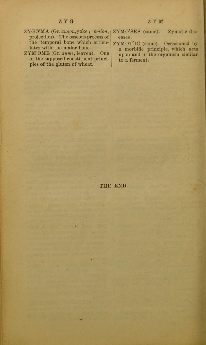 Z Y G Z Y M ZYGO'MA (&r. zugon,yoke ; dmion, projection). The osseous process of the temporal bone which articu- lates with the malar bone. ZYM'OME (Gr. zume, leaven). One of the supposed constituent princi- ples of the gluten of wheat. ZYMO'SES (same). Zymotic dis- eases . ZYMOTTC (same). Occasioned by a morbific principle, which acts upon and in the organism similar to a ferment. THE END.