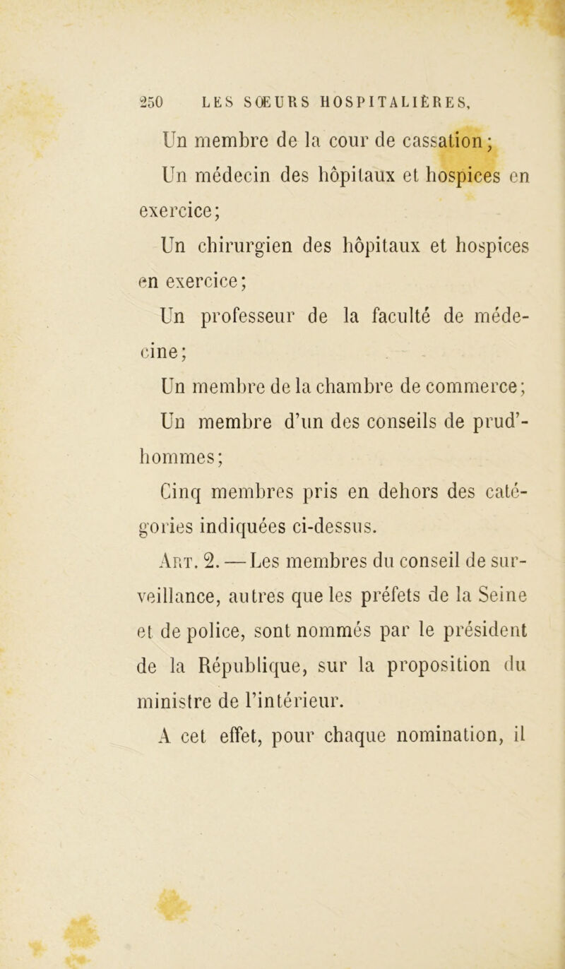 Un membre de la cour de cassation; Un médecin des hôpitaux et hospices en exercice; Un chirurgien des hôpitaux et hospices en exercice; Un professeur de la faculté de méde- cine; Un membre de la chambre de commerce; Un membre d’un des conseils de prud’- hommes; Cinq membres pris en dehors des caté- gories indiquées ci-dessus. Art. 2. — Les membres du conseil de sur- veillance, autres que les préfets de la Seine et de police, sont nommés par le président de la République, sur la proposition du ministre de l’intérieur. A cet effet, pour chaque nomination, il