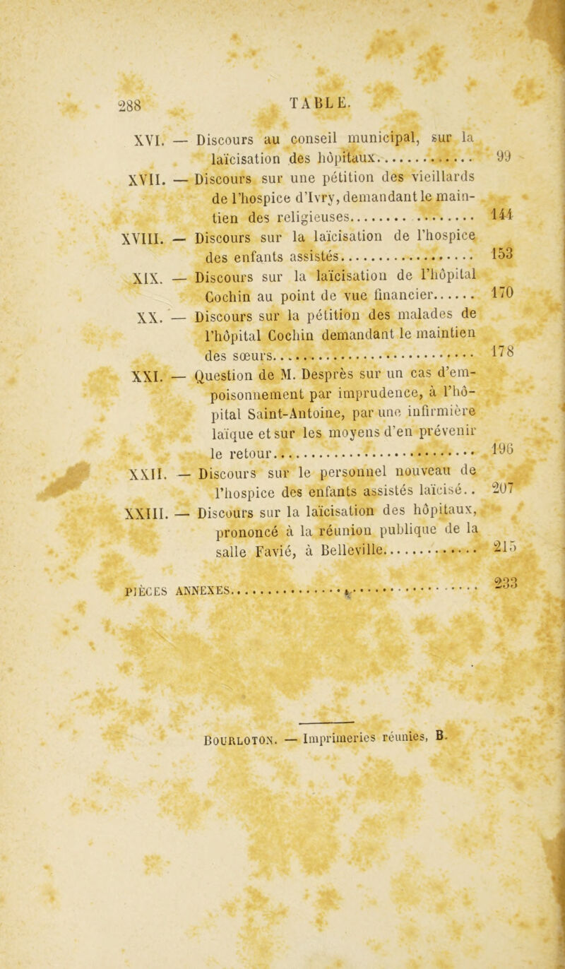 XVI. — Discours au conseil municipal, sur la laïcisation des hôpitaux XVII. — Discours sur une pétition des vieillards de l’hospice d’Ivry, demandant le main- tien des religieuses XVIII. — Discours sur la laïcisation de l’hospice des enfants assistés XIX. — Discours sur la laïcisation de l’hôpital Cochin au point de vue financier XX. — Discours sur la pétition des malades de l’hôpital Cochin demandant le maintien des sœurs XXI. — Question de M. Desprès sur un cas d’em- poisonnement par imprudence, à l’hô- pital Saint-Antoine, par une infirmière laïque et sur les moyens d’en prévenir le retour XXII. — Discours sur le personnel nouveau de l’hospice des enfants assistés laïcisé.. XXIII. — Discours sur la laïcisation des hôpitaux, prononcé à la réunion publique de la salle Favié, à Bellevilie 99 144 153 170 178 196 207 215 PIÈCES ANNEXES » 233 BOURLOTOX. — Imprimeries réunies, B.