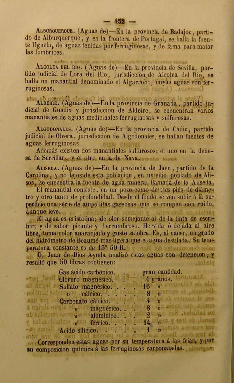 Albcrquerque. (Aguas de)—Ea la provincia de Badajoz, parti- do de Alburquerque, y en la frontera de Portugal, se halla la fuen- te ligúela, de aguas tenidas por ferruginosas, y de fama para matar las lombrices. Alcole\ del rio. (Aguas de)—En la provincia de Sevilla, par- tido judicial de Lora del Rio, jurisdiccion.de Alcplea del Rio, se halla un manantial denominado el Algarrobo, cuyas aguas soh'fer- ruginosas. V ■ ' Aldéire. (Aguas de)—En la provincia de Granada, partido ju- dicial de Guadix y jurisdicción de Aldeire, se encuentran varios manantiales de aguas medicinales ferruginosas y sulfurosas. Algodonales. (Aguas de)—En la provincia de Cádiz, partido judicial de 01 vera, jurisdicción de Algodonales, se hallan fuentes de aguas ferruginosas. Además existen dos manantiales sulfurosos; el uno en la dehe- sa de Serrillarr, »y.-el otro en la de Nava. < ' v ,,; Aliseda. (Aguas de)—En la provincia de Jaén, partido de la Carolina, y no lejos'de esta poblocion, en un’sitio poblado de.Ali- §os^. ¿e encueptra la fuente de agua mineral llamada de la Aliseda. El manantial consiste, en un pozo como de'tres piés de diáme^ tro y otro tanto de profundidad. Desde el fondo se ven subir á lá su- perücie una; série de ampollitas gaseosas - que se rompen con ruido, aunque leve. El agua es cristalina; de olor semejante al de la tinta de escri^ bir; y de sabor picante y herrumbroso. Hervida ó dejada al aire libre,‘toma color anaranjado y gusto salobre. Es, al nacer, un grado del hidrómetro de Beaumé mas ligera que el agua destilada. Su tem- peratura constante es de 15 50 R. D. Juan de‘Dios Ayuda analizó estas aguas con detención , y resultó que 50 libras contienen: Gas ácido carbónico. . Cloruro magnésico. Sulfato magnésico. . » cálcico. . . Carbonato cálcico. . » magnésico » alumínico. » férrico. . Acido silícico. . . . gran, cantidad. 4 granos. , 16 » . 8 » 4 )) . 8 ^ . 2 » • . 14 1) ’■ '' . 1 ») i ■ Corresponden estas aguas por su temperatura á las frias, y por íu composición química á las ferruginosas carbonatadas.