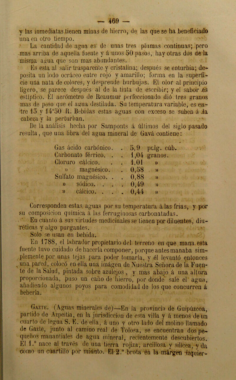 y las inmediatas tienen minas de hierro, de las que se ha beneficiado una en otro tiempo. La cantidad de agua es de unas tres plumas continuas; pero mas arriba de aquella fuente y á unos 50 pasos, hay otras dos de la misma agua que son mas abundantes. , . Ls esta al salir trasparente y cristalina; después se enturbia; de- posita un lodo ocráceo entre rojo y amarillo; forma en la superfi- cie una nata de colores, y desprende burbujas. El olor al principio ligero, se parece después al de la tinta de escribir; y el sabor .es estíptico. aerómetro de Heaumur perfeccionado dió tres granos mas de peso que el aúna destilada. Su temperatura variable, es en- •tre 15 y 1450 R. Bebidas estas aguas con exceso se suben á da cabeza y la perturban. De la análisis hecha por Samponts á últimos del siglo pasado resulta, que una libra del agua mineral de Gavá contiene: Gas ácido carbónico. Carbonato férrico. . Cloruro cálcico. )) magnésico. Sulfato magnésico. . » sódico. ■ . . » cálcico. . . 5,9 pdg. cúb. 1,04 granos. 1,01 » 0,58 . » 0,88 » 0,49 » 0,44 » Corresponden estas, aguas por su temperatura álas frias, y por su composición química á las ferruginosas carbonatadas. En cuanto á sus virtudes medicinales se tienen por diluentes, diu- réticas y algo purgantes. Solo se usan en bebida. •: , En 1788, el labrador propietario del terreno en que mana esta fuente tuvo cuidado de hacerla componer, porque antes manaba sim- plemente por unas lejas para poder tomarla, y él levantó, entonces . una pared, colocó en ella una imágen de Nuestra Señora de ía Fuen- te de la Salud, pintada sobre azulejos , y mas abajo á una altura proporcionada, puso un caño de hierro, por doride sale eCagua, añadiendo algunos poyos para comodidad de los que concurren á bebería. . Gazte. (A.guas minerales de)—En la provincia de Guipúzcoa, partido de Azpeitia, en la jurisdicción de esta villa y á menos de un cuarto de legua S. E. de ella, á uno y otro lado del molino llamado de Gazte, junto al camino real de Tolosa, se encuentran dos pe- queños manantiales de agua mineral, recientemente descubiertos. El l.° nace al través de una tierra rojiza, arcillosa v silícea, y da como un cuartillo por minuto. E12.” brota •ón la márgén izquier-