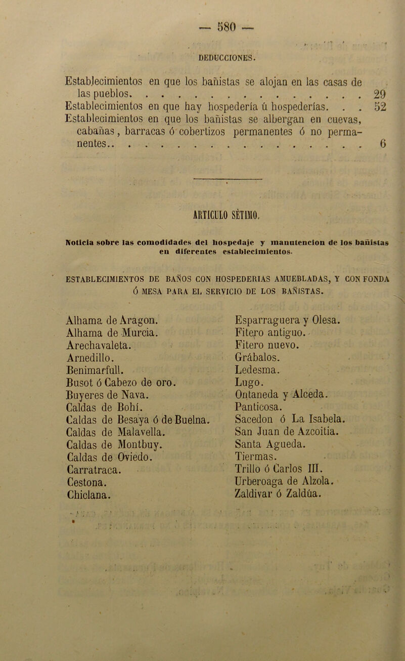 DEDUCCIONES. Estabjecimientos en que los bañistas se alojan en las casas de las pueblos 29 Establecimientos en que hay hospedería ú hospederías. . . 52 Establecimientos en que los bañistas se albergan en cuevas, cabañas, barracas ó cobertizos permanentes ó no perma- nentes 6 ARTICULO SÉTIMO. Noticia gobre lag coraodidadeg del liogpedaje y raanutencioa de log baniglag en diferenteg egtablecimlentog. ESTABLECIMIENTOS DE BAÑOS CON HOSPEDERIAS AMUEBLADAS, Y CON FONDA Ó MESA PARA EL SERVICIO DE LOS BAÑISTAS. Alhama de Aragón. Alhama de Murcia. Arechavaleta. Arnedillo. Benimarfull. Busot ó Cabezo de oro. Buyeres de Nava. Caldas de Bohí. Caldas de Besaya ó de Buelna. Caldas de Malavella. Caldas de Montbuy. Caldas de Oviedo. Carratraca. Cestona. Chiclana. Esparraguera y Olesa. Fite^o antiguo. • Fitero nuevo. Grábalos. Ledesma. Lugo. Ontaneda y Alceda. Panticosa. Sacedon ó La Isabela. San Juan de Azcoitia. Santa Agueda. Tiermas. Trillo ó Carlos III. Urberoaga de Alzóla. Zaldivar ó Zaldúa.