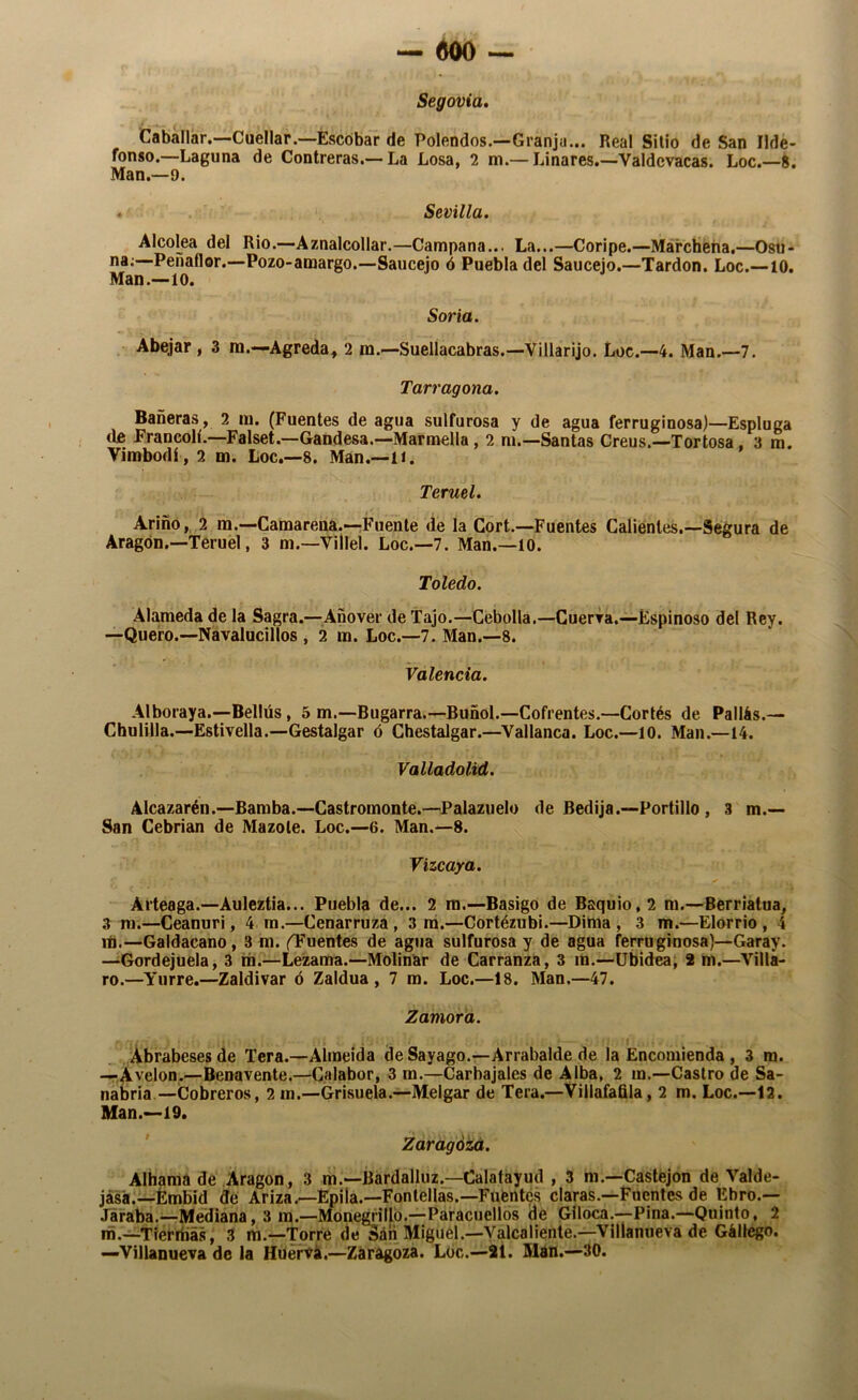 «00 — Segovia. Caballar.—Cuellar.—Escobar de Polendos.—Granja... Real Sitio de San Ilde- fonso.—Laguna de Contreras.— La Losa, 2 m.— Linares.—Valdcvacas. Loe.—8. Man.—9. . Sevilla. Alcolea del Rio.—Aznalcollar.—Campana... La...—Coripe.—Márcbena.—Osu- na;—Peñaflor.—Pozo-anaargo.—Saucejo ó Puebla del Saucejo.—Tardón. Loe.—10. Man.—10. Soria. Abejar, 3 m.—Agreda, 2 m.—Suellacabras.—Villarijo. Loe.—4. Man.—7. Tarragona. Bañeras, 2 lu. (Fuentes de agua sulfurosa y de agua ferruginosa)—Espluga (le Francolí.—Falset.—Gandesa.—Marmella, 2 m.—Santas Creus.—Tortosa, 3 m. Vimbodí , 2 m. Loe.-8. Man.—li. Teruel. Ariño, 2 m.-Camarena.—Fuente de la Cort.—Fuentes Calientes.—Segura de AragOn,—Teruel, 3 m.—Villel. Loe.-7. Man.—10. Toledo. Alameda de la Sagra.—^^Añover de Tajo.—Cebolla.—CuerTa.—Espinoso del Rey. —Quero.—Navalucillos , 2 ra. Loe.—7. Man.—8. Valencia. Alboraya.—Bellús, 5 m.—Bugarra.—Buñol.—Cofrentes.—Cortés de Pallás.— Cbulilla.—Estivella.—Gestalgar ó Chestalgar.—^Yallanca. Loe.—10. Man.—14. Valladolid. Alcazaréii.-Bamba.—Castromonte.—Palazuelo de Bedija.—Portillo, 3 m.— San Cebrian de Mazóle. Loe.—6. Man,—8. Vizcaya. Arteaga.—Auleztia... Puebla de... 2 ra.—Basigo de Baquio,2 ra.—Berriatua, 3 ra.—Ceanuri, 4 ra.—Cenarruza, 3 ra.—Cortézubi.—Diraa , 3 m.—Elorrio, 4 ra.—Galdacano, 3 m. (Tuentes de agua sulfurosa y de agua ferruginosa)—Garay. —Gordejuela, 3 ra.—Lezanra.—Molinbr de Carranza, 3 ra.—übidea, 2 m.—Villá- ro.—^Yurre.—Zaidivar ó Zaldua , 7 ra. Loe.—18. Man.—47. Zamora. Abrabesesde Tera.—Alraeida de Sayago.—Arrabalde de la Encomienda , 3 ra. —,Avelón.—Benavente.—Calabor, 3 rn.—Carbajales de Alba, 2 ra.—Castro de Sa- nabria.—Cobreros, 2 m.—Crisuela.—Melgar de Tera.—Viilafa&la, 2 m. Loe.—12. Man.—19. Zaragózá. Alhamá de Aragón, 3 ra.—Bardalluzj—Calatayud , 3 ra.—Castejon de Valde- jásá.—Émbíd d(j Ariza,—Epila.-Fontellas.—Fufentcs claras.—Pirantes de Ebro.— Jaraba.—Mediana, 3 ra.—IVranegrillb,—Paracuellos de Glloca.—Pina.—Quinto, 2 m.—Tieritías, 3 ra.—Torre de Sáii Miguel.—Valcaliente.—Villanueva de Gállego. —Villanueva de la HuérVi.—Zárágoza. Loe.—SI. Mán.—30.