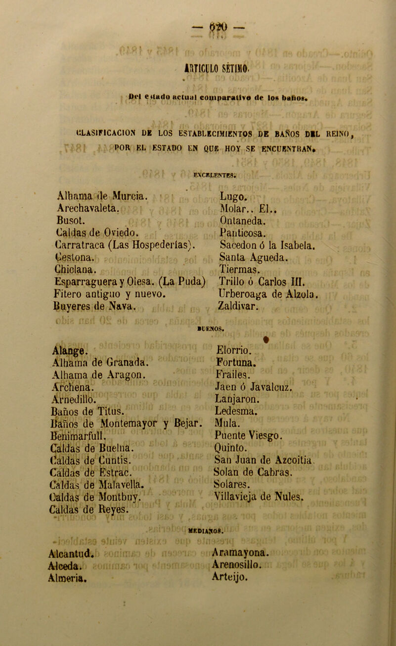 AHTICULO SETIMO. Dt‘l Citado actual comparativo de lo» bafio». «LASinCAClON DE LOS ESTABLECIMIENTOS DE BAÑOS DIL REINO, POR EL ESTADO EN QUE HOY SE ENCUENTRAN. EXCELENTES. AUiama de Murcia. ■ ' Arechavaleta. Busol. Caldas de Oviedo. Carratraca (Las Hospederías). Cestona. Chiclaoa. Esparraguera y Olesa. (La Puda) Filero antiguo y nuevo, l^uyeres de Nava. Lugo. Molar.. £1.. Ontaneda. Paiiticosa. Sacedon ó la Isabela. Santa Agueda. Tiermas. Trillo ó Carlos líL Urberoaga de Alzóla. Zaldivar. Alauge. Alhama de Granada. Alharaa de Aragón. Arcliena. Arnedillo. Caldas de Montbuy. Caldas de Reyes. BUENOS. t Elorrio. Fortuna. Frailes. Jaén ó Javalcuz. Lanjaron. Ledesma. Muía. Puente Viesgo. Quinto. San Juan de Azcoilia Solan de Cabras. Solares. Villavieja de Nules. Baños de Tilus. Baños de Montemayor y Bejar. Benimarfull. Cáldas de Buelna. Caldas de Cuntís. Caldas de Estrac. Caldas de Malavella. medianos. Alcantud, Alceda. Almería. Aramayona. Arenosillo. Arteijo.