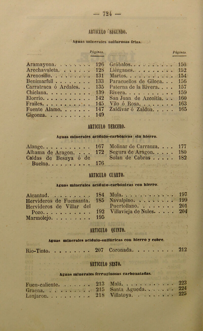 AimcílLO ‘SEGUNDO. Ajruas minerales sulfurosas frías. Página». Página» Aramayona. . . . . . . 126 Grábalos. . . .^ . ; . . 150 Arechavaleta. . * i ; Liérganes.^ ....... Arenosillo. . »' Marios. . . ... . . . . ,. 154 Benimarfull . . 133 Paracuellos de Giloca. . . 156 Carratraca ó Ardales. . . 135 Palerna de la Rivera. . . . 157 Chiclana . . 139 Rivera . 159 Elorrio . . 142 San Juan de Azcoilia. . . 160 Frailes .' . . 145 Vilo ,,ó Rosa, . 163 Fuente Alamo. . . . . . 147 Zaldivár ó Zaíduá. . . . . 165 Gigonza .. . 149 ^ ; r ARTICULO TERCERO. Aguas minerales acldnlo-carbOnlcas sin hierro. Alange . . 167 Molinar de Carranza. . . . 177 Alhama de Aragón, . . . 172 Segura de Aragón. . . . . 180 Caldas de Besaya ó de Solan de Cabras .... . 182 Buelna . . 176 , o i 1 '• ARTICULO CUARTO. - ; • Aguas minerales acldulo-carbónicas con hierro: Alcanlud. . . 184 IVÍuIHo • ’• '• *'*• • '• '• '• . 197 Hervideros de Fuensanta. 185 NavalpinOi . ... . -. . . . 199 Hervideros de Villar del Puertollano.'' ... . . . Pozo . . Í92 Villavieja de Nules. . . . . 204 Marinolejo . ^ 5 . . 195 <• .- r c - ) ARTICULO QUINTO. ' .. Aguas minerales acldulo-sulfúrlcas con hierro y cobre. Rio-Tinto 207 Coronada 212 ARTICULO 8EST0. Aguas minerales ferruginosas carbonatadas. Fuen-caliente 213 Malá 223 Graena 215 Sania Agueda 224 Lanjaron - 218 Villatoya 225