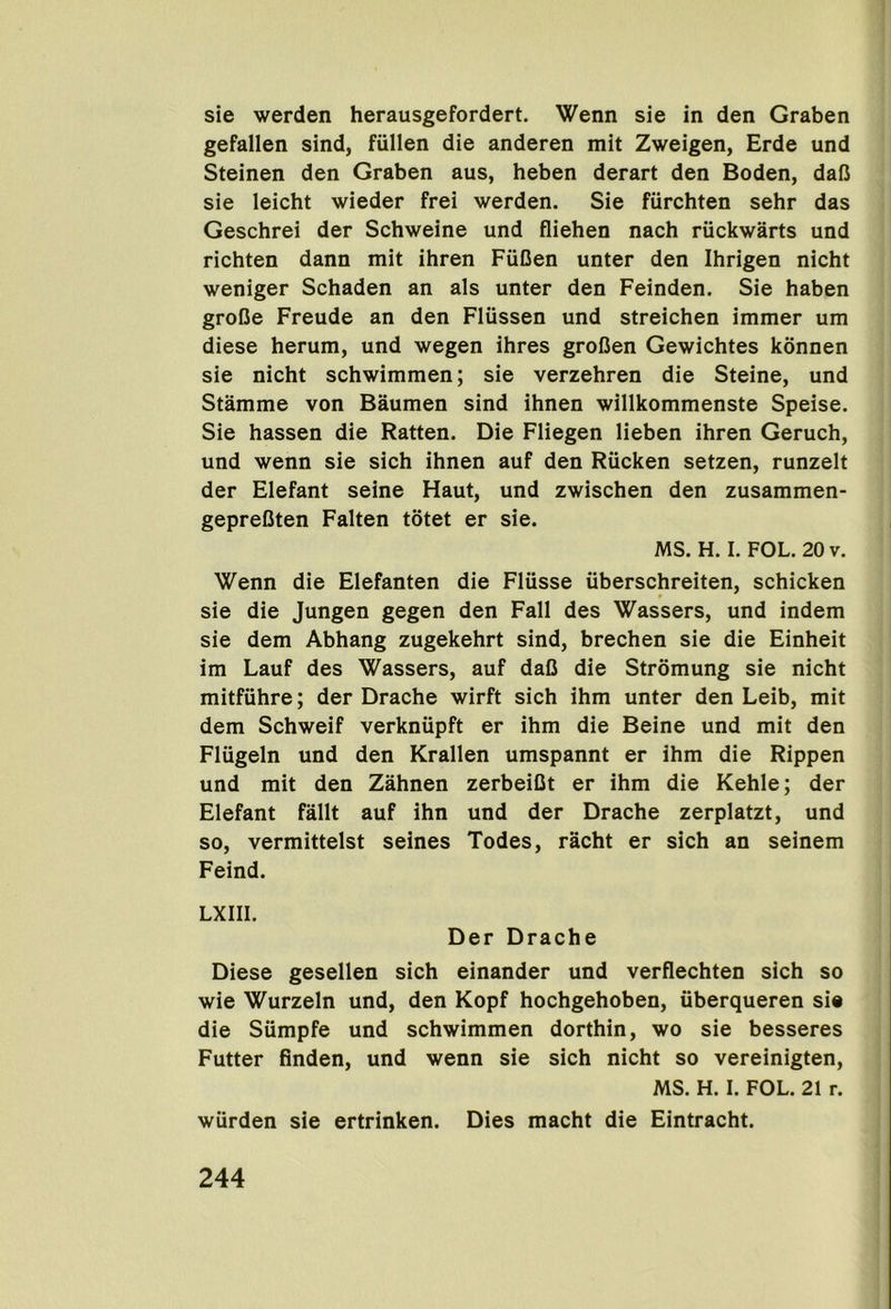 sie werden herausgefordert. Wenn sie in den Graben gefallen sind, fiillen die anderen mit Zweigen, Erde und Steinen den Graben aus, heben derart den Boden, dafi sie leicht wieder frei werden. Sie fiirchten sehr das Geschrei der Schweine und fliehen nach riickwarts und richten dann mit ihren FiiOen unter den Ihrigen nicht weniger Schaden an als unter den Feinden. Sie haben groOe Freude an den Fliissen und streichen immer um diese herum, und wegen ihres grofJen Gewichtes konnen sie nicht schwimmen; sie verzehren die Steine, und Stamme von Baumen sind ihnen willkommenste Speise. Sie hassen die Ratten. Die Fliegen lieben ihren Geruch, und wenn sie sich ihnen auf den Riicken setzen, runzelt der Elefant seine Haut, und zwischen den zusammen- gepreCten Falten totet er sie. MS. H. I. FOL. 20 V. Wenn die Elefanten die Flusse iiberschreiten, schicken sie die Jungen gegen den Fall des Wassers, und indem sie dem Abhang zugekehrt sind, brechen sie die Einheit im Lauf des Wassers, auf dalJ die Stromung sie nicht mitfiihre; der Drache wirft sich ihm unter den Leib, mit dem Schweif verkniipft er ihm die Beine und mit den Fliigeln und den Krallen umspannt er ihm die Rippen und mit den Zahnen zerbeiCt er ihm die Kehle; der Elefant fallt auf ihn und der Drache zerplatzt, und so, vermittelst seines Todes, racht er sich an seinem Feind. LXIII. Der Drache Diese gesellen sich einander und verflechten sich so wie Wurzeln und, den Kopf hochgehoben, iiberqueren sie die Siimpfe und schwimmen dorthin, wo sie besseres Futter finden, und wenn sie sich nicht so vereinigten, MS. H. I. FOL. 21 r. wiirden sie ertrinken. Dies macht die Eintracht.