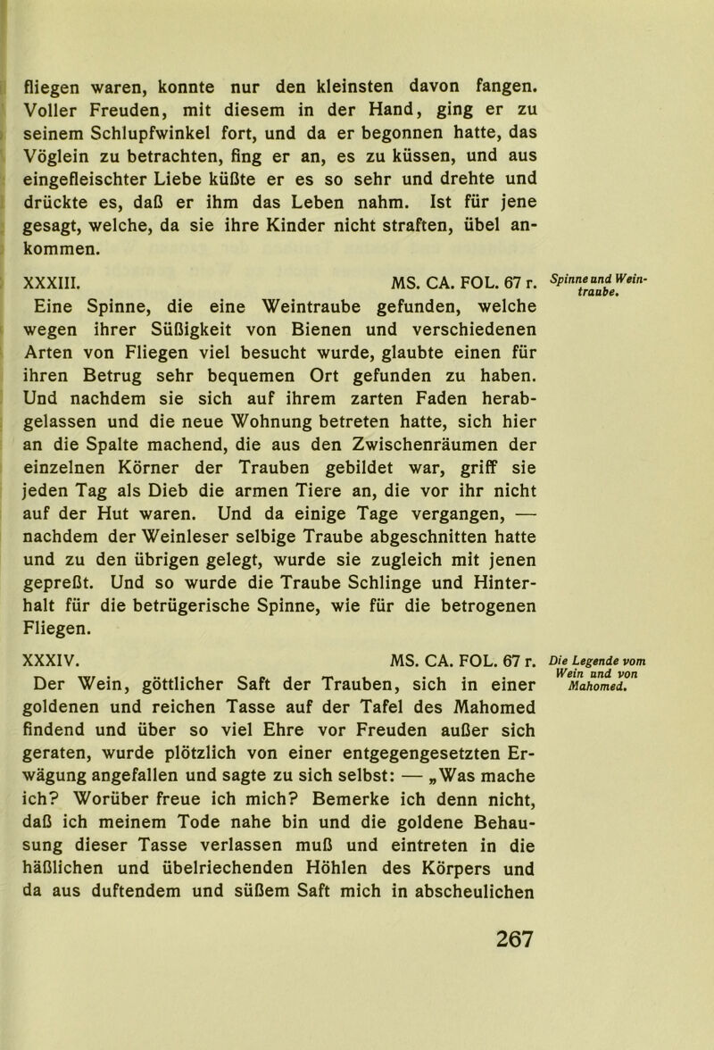 fliegen waren, konnte nur den kleinsten davon fangen. Voller Freuden, mit diesem in der Hand, ging er zu seinem Schlupfwinkel fort, und da er begonnen hatte, das Voglein zu betrachten, fing er an, es zu kussen, und aus eingefleischter Liebe kuCte er es so sehr und drehte und driickte es, daO er ihm das Leben nahm. 1st fiir jene gesagt, welche, da sie ihre Kinder nicht straften, iibel an- kommen. XXXIII. MS. CA. FOL. 67 r. Spinneand Wein- trcifiv€» Fine Spinne, die eine Weintraube gefunden, welche wegen ihrer SiiCigkeit von Bienen und verschiedenen Arten von Fliegen viel besucht wurde, glaubte einen fur ihren Betrug sehr bequemen Ort gefunden zu haben. Und nachdem sie sich auf ihrem zarten Faden herab- gelassen und die neue Wohnung betreten hatte, sich hier an die Spalte machend, die aus den Zwischenraumen der einzelnen Korner der Trauben gebildet war, griff sie jeden Tag als Dieb die armen Tiere an, die vor ihr nicht auf der Hut waren. Und da einige Tage vergangen, — nachdem der Weinleser selbige Traube abgeschnitten hatte und zu den iibrigen gelegt, wurde sie zugleich mit jenen gepreOt. Und so wurde die Traube Schlinge und Hinter- halt fiir die betriigerische Spinne, wie fur die betrogenen Fliegen. XXXIV. MS. CA. FOL. 67 r. Die Ugende vom Der Wein, gottlicher Saft der Trauben, sich in einer Mahomed. goldenen und reichen Tasse auf der Tafel des Mahomed findend und tiber so viel Ehre vor Freuden auDer sich geraten, wurde plotzlich von einer entgegengesetzten Er- wagung angefallen und sagte zu sich selbst: — „Was mache ich? Woriiber freue ich mich? Bemerke ich denn nicht, daB ich meinem Tode nahe bin und die goldene Behau- sung dieser Tasse verlassen muB und eintreten in die haBlichen und iibelriechenden Hohlen des Korpers und da aus duftendem und siiBem Saft mich in abscheulichen