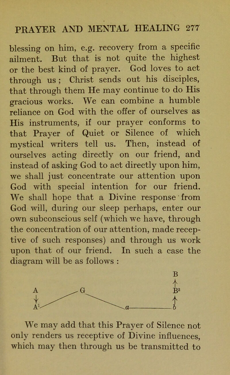 blessing on him, e.g. recovery from a specific ailment. But that is not quite the highest or the best kind of prayer. God loves to act through us ; Christ sends out his disciples, that through them He may continue to do His gracious works. We can combine a humble reliance on God with the offer of ourselves as His instruments, if our prayer conforms to that Prayer of Quiet or Silence of which mystical writers tell us. Then, instead of ourselves acting directly on our friend, and instead of asking God to act directly upon him, we shall just concentrate our attention upon God with special intention for our friend. We shall hope that a Divine response from God will, during our sleep perhaps, enter our own subconscious self (which we have, through the concentration of our attention, made recep- tive of such responses) and through us work upon that of our friend. In such a case the diagram will be as follows : B I B2 t We may add that this Prayer of Silence not only renders us receptive of Divine influences, which may then through us be transmitted to