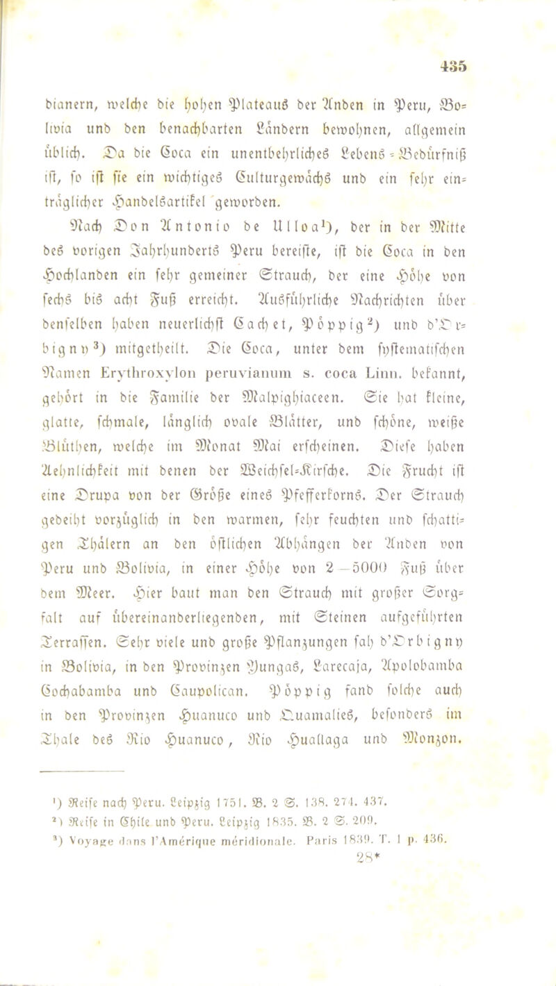 4S5 bianern, weldie bie ^o[}cn ^Mateauö ber 7(nben in ^eru, S5o= Iiüla unb ben benactjbarten üdnbern bewoijnen, ani^eincin ublicb. bic 6oca ein unentbeljrlicbeö SebenS ^ ^^ebiirfniß ifi, fo i|i fie ein wicbtigeö ßulturj'jewdcbö unb ein fel)r ein= trdglidber ^lanbelöartifel geworben. 'OJad) I^on 2(ntonio be Ulloa*), ber in ber Witte beö oorigen iJafjrljunbertö ^eru bereifte, ift bie (5oca in ben v&ocblanben ein fetjr gemeiner (Strauch, ber eine ^ölje oon fecbö biö acht ^ufi erreicht. 2(uöfuhrliche ^Nachrichten über benfelben haben neuerlici)ft Sachet, ^^bppig^) unb b’,r r= bignn^) mitgetheilt. ^ie Soca, unter bem fi;flematifd)en 'DNamen Erythroxylon peruviaiumi s. coca Linn. befannt, gehört in bie J^amilie ber Walpighiaceen. (Sie bat Eieine, glatte, fchmale, länglich ooale S31dtter, unb fd)6ne, weiße .'töU'itben, welche im Wonat Wai erfctjeinen. ^iefe haben 2lehnlichfeit mit benen ber SBeichfeUJtirfche, Sie J^rucht ift eine Srupa »on ber örbße eineö ^pfejfert'ornd. Ser Strauch gebeiht oorjuglich in ben warmen, fclir feuchten unb fchatti= gen Shdlern an ben bfflichen Nfbhdngen ber Nfnben oon 'Peru unb S3olioia, in einer Sdlje fon 2 5000 ?^uß über bem Weer. Sier baut man ben Strauch mit großer Sorg= falt auf ubereinanberliegenben, mit Steinen aufgefuhrten .^erraffen. Sehr oiele unb große ^''ßdu^ungen fal) b’Srbigni) in Solinia, in ben ^rooin^en lyungad, Parecaja, Nfpolobamba Sochabamba unb Saupolican. ^^bppig fanb folchc auri) m ben ^''rooin^en .^uanuco unb .C.uamalie6, befonberö im .^hale beö .ßiio >f)uanuco, 3fio .^uallaga unb Wonjon. ') Steife nach ^eru. Cetpjig 1751. 33. 2 S. 138. 27 1. 437. ^1 .Steife in (5()ite unb ^eru. Ccipp'g 1835. 33. 2 S. 200. ’) Voyajje il.nns rAmeriqiie müridionale. Pari.s 18.'fO. T 2H*' 1>. 43(i.