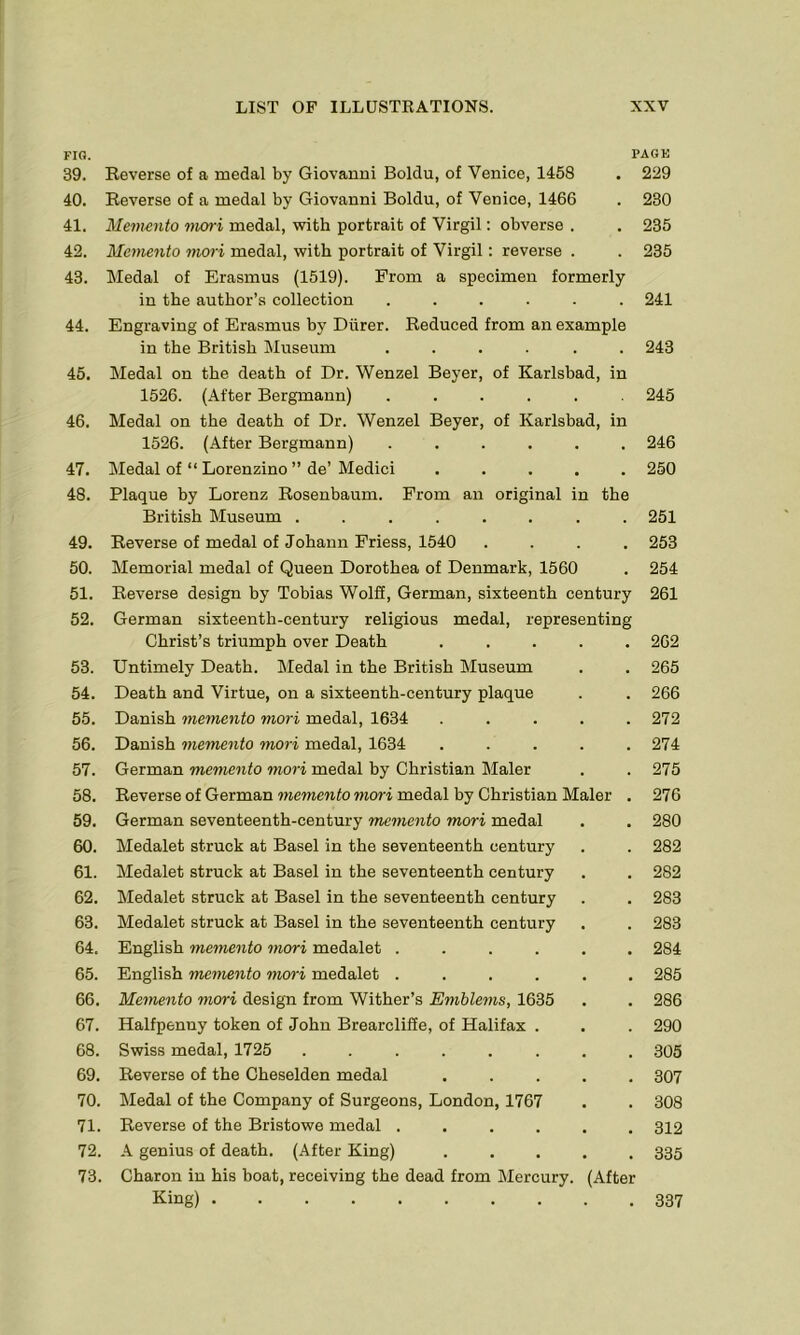 FIG. 39. 40. 41. 42. 43. 44. 45. 46. 47. 48. 49. 50. 51. 52. 53. 54. 55. 56. 57. 58. 59. 60. 61. 62. 63. 64. 65. 66. 67. 68. 69. 70. 71. 72. 73. FAGU Reverse of a medal by Giovanni Boldu, of Venice, 1458 . 229 Reverse of a medal by Giovanni Boldu, of Venice, 1466 . 230 Memento mori medal, with portrait of Virgil: obverse . . 235 Memento mori medal, with portrait of Virgil: reverse . . 235 Medal of Erasmus (1519). Prom a specimen formerly in the author’s collection ...... 241 Engraving of Erasmus by Diirer. Reduced from an example in the British Museum ...... 243 Medal on the death of Dr. Wenzel Beyer, of Karlsbad, in 1526. (After Bergmann) ...... 245 Medal on the death of Dr. Wenzel Beyer, of Karlsbad, in 1526. (After Bergmann) ...... 246 Medal of “ Lorenzino ” de’ Medici ..... 250 Plaque by Lorenz Rosenbaum. Prom an original in the British Museum ........ 251 Reverse of medal of Johann Friess, 1540 .... 253 Memorial medal of Queen Dorothea of Denmark, 1560 . 254 Reverse design by Tobias Wolff, German, sixteenth century 261 German sixteenth-century religious medal, representing Christ’s triumph over Death ..... 262 Untimely Death. Medal in the British Museum . . 265 Death and Virtue, on a sixteenth-century plaque . . 266 Danish memento mori medal, 1634 ..... 272 Danish memento mori medal, 1634 ..... 274 German memento mori medal by Christian Maler . .275 Reverse of German memento mori medal by Christian Maler . 276 German seventeenth-century memento mori medal . . 280 Medalet struck at Basel in the seventeenth century . . 282 Medalet struck at Basel in the seventeenth century . . 282 Medalet struck at Basel in the seventeenth century . . 283 Medalet struck at Basel in the seventeenth century . . 283 English memento mori medalet ...... 284 English memento mori medalet ...... 285 Memento mori design from Wither’s Emblems, 1635 . . 286 Halfpenny token of John Brearcliffe, of Halifax . . . 290 Swiss medal, 1725 ........ 305 Reverse of the Cheselden medal ..... 307 Medal of the Company of Surgeons, London, 1767 . . 308 Reverse of the Bristowe medal ...... 312 A genius of death. (After King) ..... 335 Charon in his boat, receiving the dead from Mercury. (After King) 337