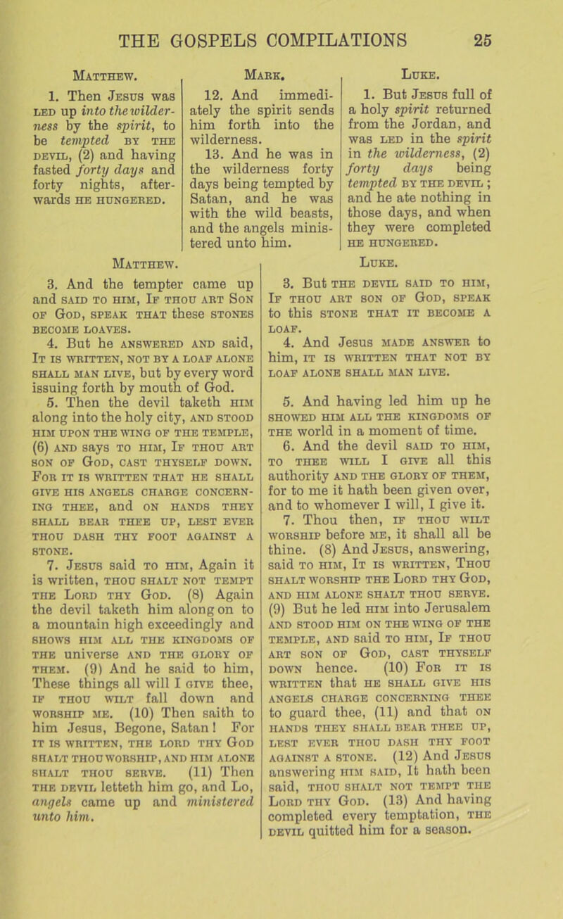 Matthew. 1. Then Jesus was led up into the wilder- ness by the spirit, to be tempted by the devil, (2) and having fasted forty days and forty nights, after- wards HE HUNGERED. Mark. 12. And immedi- ately the spirit sends him forth into the wilderness. IB. And he was in the wilderness forty days being tempted by Satan, and he was with the wild beasts, and the angels minis- tered unto him. Luke. 1. But Jesus full of a holy spirit returned from the Jordan, and was led in the spirit in the wilderness, (2) forty days being tempted by the devil ; and he ate nothing in those days, and when they were completed HE HUNGERED. Matthew. 3. And the tempter came up and said to him, If thou art Son of God, speak that these stones BECOME LOAVES. 4. But he answered and said, It is written, not by a loaf alone shall man live, but by every word issuing forth by mouth of God. 5. Then the devil taketh him along into the holy city, and stood him upon the wing of the temple, (6) and says to him, If thou art son of God, cast thyself down. For it is written that he shall give his angels charge concern- ing thee, and on hands they SHALL BEAR THEE UP, LEST EVER THOU DASH THY FOOT AGAINST A STONE. 7. Jesus said to him, Again it is written, thou shalt not tempt the Lord thy God. (8) Again the devil taketh him along on to a mountain high exceedingly and SHOWS HIM ALL THE KINGDOMS OF the universe and the glory of them. (9) And he said to him, These things all will I give thee, if thou wilt fall down and worship me. (10) Then saith to him Jesus, Begone, Satan ! For it is written, the lord thy God SHALT THOU WORSHIP, AND HIM ALONE shalt thou serve. (11) Then the devil letteth him go, and Lo, angels came up and ministered unto him. Luke. 3. But the devil said to him, If thou art son of God, speak to this stone that it become a LOAF. 4. And Jesus made answer to him, IT IS WRITTEN THAT not by LOAF ALONE SHALL MAN LIVE. 5. And having led him up he SHOWED HIM ALL THE KINGDOMS OF the world in a moment of time. 6. And the devil said to him, TO THEE WILL I GIVE all this authority and the glory of them, for to me it hath been given over, and to whomever I will, I give it. 7. Thou then, if thou wilt worship before me, it shall all be thine. (8) And Jesus, answering, said to him, It is written, Thou SHALT WORSHIP THE LORD THY GoD, AND HIM ALONE SHALT THOU SERVE. (9) But he led him into Jerusalem AND STOOD HIM ON THE WING OF THE TEMPLE, AND Said TO HIM, If THOU ART SON OF God, cast thyself down hence. (10) For it is WRITTEN that HE SHALL GIVE HIS ANGELS CHARGE CONCERNING THEE to guard thee, (11) and that on HANDS THEY SHALL BEAR THEE Ur, LEST EVER THOU DASH THY FOOT AGAINST A STONE. (12) And Jesus answering him said, It hath been said, THOU SHALT NOT TEMPT THE Lord thy God. (13) And having completed every temptation, the devil quitted him for a season.