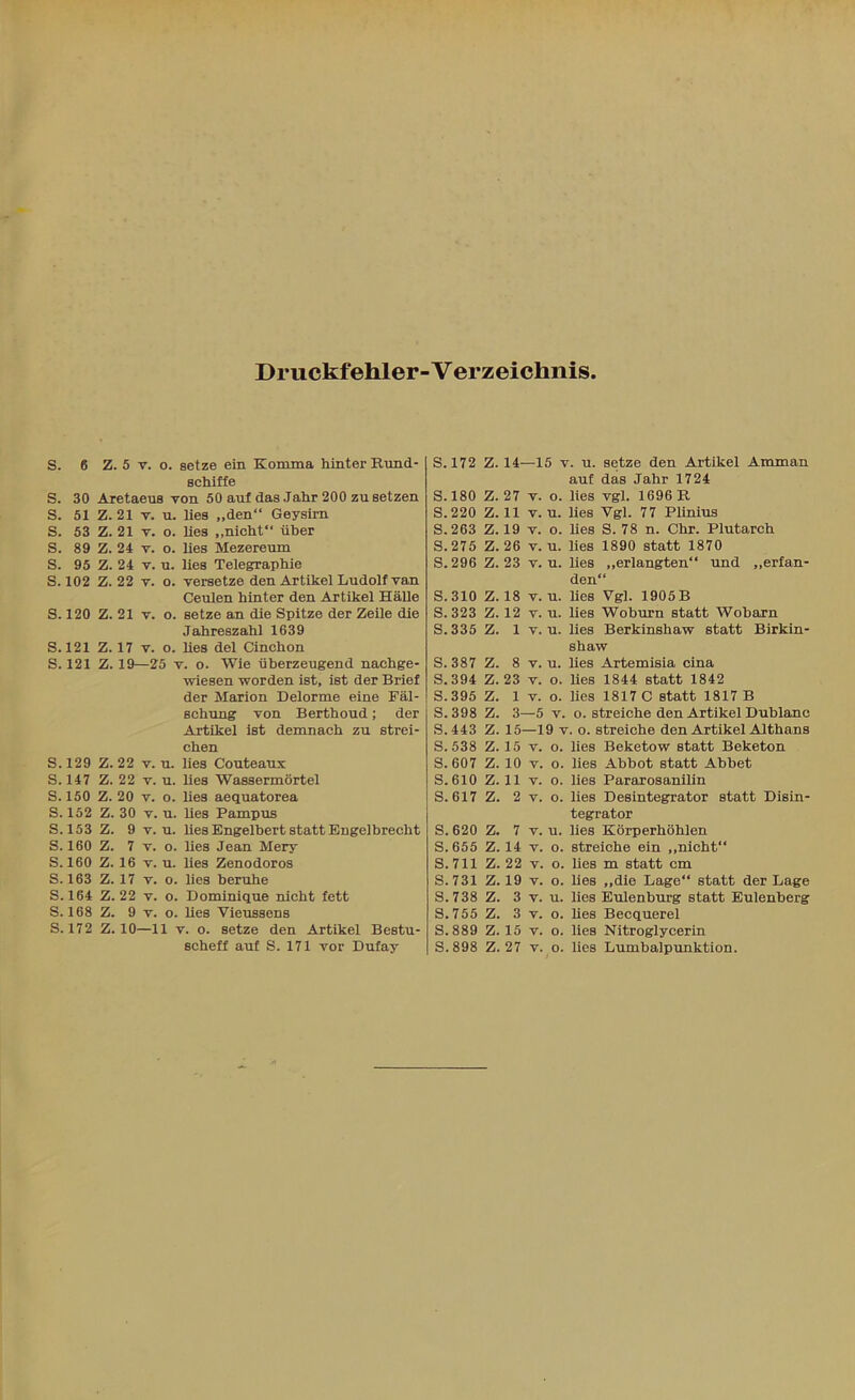 Druckfehler-V erzeichnis s. 6 Z. 5 v. o. setze ein Komma hinter Rund- S. 172 Z. 14- -15 v Bchiffe s. 30 Aretaeus von 50 auf das Jahr 200 zu setzen S. 180 Z. 27 V. o. s. 51 Z. 21 v. u. lies „den“ Geysirn S. 220 Z. 11 V. u. s. 53 Z. 21 v. o. lies „nicht“ über S. 263 Z. 19 V. 0. s. 89 Z. 24 v. o. lies Mezereum S. 275 Z. 26 V. u. s. 95 Z. 24 v. u. lies Telegraphie S. 296 Z. 23 V. u. s. 102 Z. 22 v. o. versetze den Artikel Ludolf van Ceulen hinter den Artikel Halle S. 310 Z. 18 V. u. s. 120 Z. 21 v. o. setze an die Spitze der Zeile die S. 323 Z. 12 V. u. Jahreszahl 1639 S. 335 Z. 1 V. u. s. 121 Z. 17 v. o. lies del Cinchon s. 121 Z. 19—25 v. o. Wie überzeugend nachge- S. 387 Z. 8 V. u. wiesen worden ist, ist der Brief S. 394 Z. 23 V. 0. der Marion Delorme eine Fäl- S. 395 Z. 1 V. o. schung von Berthoud; der S. 398 Z. 3- -5 V. Artikel ist demnach zu strei- S. 443 Z. 15- —19 v chen S. 538 Z. 15 V. 0. s. 129 Z. 22 v. u. lies Couteaux 8.607 Z. 10 V. o. s. 147 Z. 22 v. u. lies Wassermörtel S. 610 Z. 11 V. 0. s. 150 Z. 20 v. o. lies aequatorea S. 617 Z. 2 V. 0. s. 152 Z. 30 v. u. lies Pampus s. 153 Z. 9 v. u. lies Engelbert statt Engelbrecht S. 620 Z. 7 V. u. s. 160 Z. 7 v. o. lies Jean Mery S. 655 Z. 14 V. 0. s. 160 Z. 16 v. u. lies Zenodoros S. 711 Z. 22 V. o. s. 163 Z. 17 v. o. lies beruhe S. 731 Z. 19 V. o. s. 164 Z. 22 v. o. Dominique nicht fett S. 738 Z. 3 V. u. s. 168 Z. 9 v. o. lies Vieussens S. 755 Z. 3 V. 0. s. 172 Z. 10 —11 v. o. setze den Artikel Bestu- S. 889 Z. 15 V. 0. scheff auf S. 171 vor Dufay S. 898 Z. 27 V. o. auf das Jahr 1724 und „erfan- den' ' shaw lies Artemisia cina lies 1844 statt 1842 lies Abbot statt Abbet lies Pararosanilin lies Desintegrator statt tegrator lies Körperhöhlen streiche ein „nicht“ lies m statt em lies Becquerel lies Nitroglycerin lies Lumbalpunktion.
