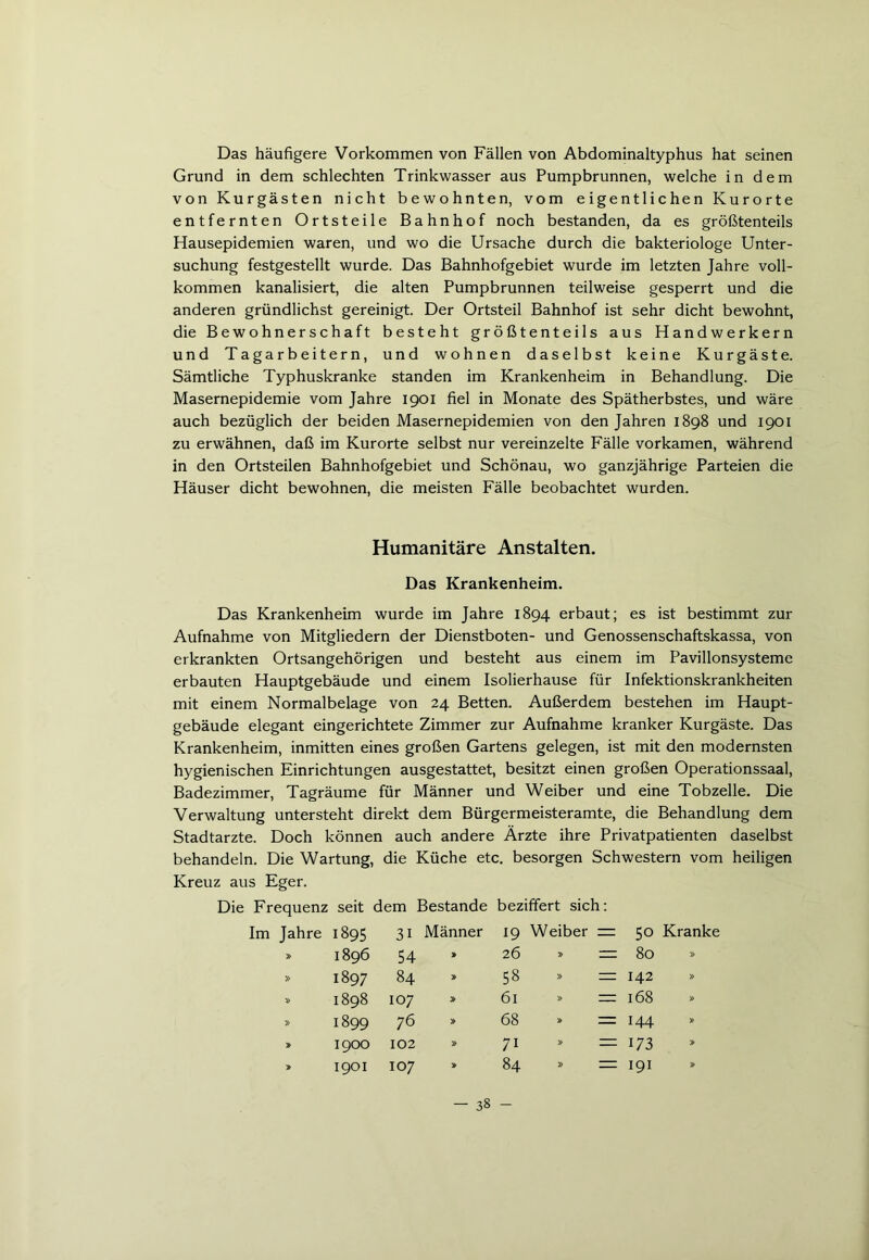 Das häufigere Vorkommen von Fällen von Abdominaltyphus hat seinen Grund in dem schlechten Trinkwasser aus Pumpbrunnen, welche in dem von Kurgästen nicht bewohnten, vom eigentlichen Kurorte entfernten Ortsteile Bahnhof noch bestanden, da es größtenteils Hausepidemien waren, und wo die Ursache durch die bakteriologe Unter- suchung festgestellt wurde. Das Bahnhofgebiet wurde im letzten Jahre voll- kommen kanalisiert, die alten Pumpbrunnen teilweise gesperrt und die anderen gründlichst gereinigt. Der Ortsteil Bahnhof ist sehr dicht bewohnt, die Bewohnerschaft besteht größtenteils aus Handwerkern und Tagarbeitern, und wohnen daselbst keine Kurgäste. Sämtliche Typhuskranke standen im Krankenheim in Behandlung. Die Masernepidemie vom Jahre 1901 fiel in Monate des Spätherbstes, und wäre auch bezüglich der beiden Masernepidemien von den Jahren 1898 und 1901 zu erwähnen, daß im Kurorte selbst nur vereinzelte Fälle vorkamen, während in den Ortsteilen Bahnhofgebiet und Schönau, wo ganzjährige Parteien die Häuser dicht bewohnen, die meisten Fälle beobachtet wurden. Humanitäre Anstalten. Das Krankenheim. Das Krankenheim wurde im Jahre 1894 erbaut; es ist bestimmt zur Aufnahme von Mitgliedern der Dienstboten- und Genossenschaftskassa, von erkrankten Ortsangehörigen und besteht aus einem im Pavillonsysteme erbauten Hauptgebäude und einem Isolierhause für Infektionskrankheiten mit einem Normalbelage von 24 Betten. Außerdem bestehen im Haupt- gebäude elegant eingerichtete Zimmer zur Aufnahme kranker Kurgäste. Das Krankenheim, inmitten eines großen Gartens gelegen, ist mit den modernsten hygienischen Einrichtungen ausgestattet, besitzt einen großen Operationssaal, Badezimmer, Tagräume für Männer und Weiber und eine Tobzelle. Die Verwaltung untersteht direkt dem Bürgermeisteramte, die Behandlung dem Stadtarzte. Doch können auch andere Ärzte ihre Privatpatienten daselbst behandeln. Die Wartung, die Küche etc. besorgen Schwestern vom heiligen Kreuz aus Eger. Die Frequenz seit dem Bestände beziffert sich: Im Jahre 1895 31 Männer 19 Weiber = 50 Kranke » 1896 54 26 » = 80 » » 1897 84 » 58 » 142 » 1898 107 » 61 » 168 » » 1899 76 68 » 144 » » 1900 102 » 7i » 173 1901 107 84 » 191 »