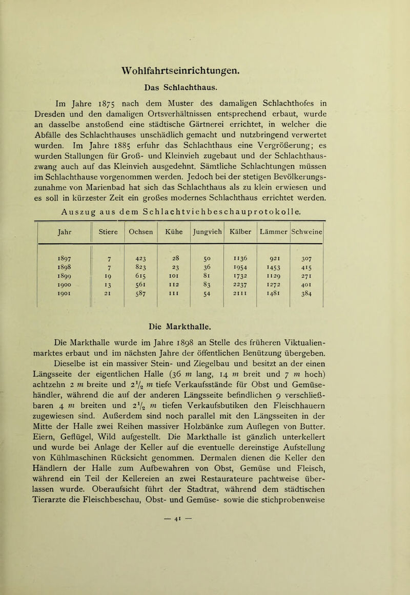 Wohlfahrtseinrichtungen. Das Schlachthaus. Im Jahre 1875 nach dem Muster des damaligen Schlachthofes in Dresden und den damaligen Ortsverhältnissen entsprechend erbaut, wurde an dasselbe anstoßend eine städtische Gärtnerei errichtet, in welcher die Abfälle des Schlachthauses unschädlich gemacht und nutzbringend verwertet wurden. Im Jahre 1885 erfuhr das Schlachthaus eine Vergrößerung; es wurden Stallungen für Groß- und Kleinvieh zugebaut und der Schlachthaus- zwang auch auf das Kleinvieh ausgedehnt. Sämtliche Schlachtungen müssen im Schlachthause vorgenommen werden. Jedoch bei der stetigen Bevölkerungs- zunahme von Marienbad hat sich das Schlachthaus als zu klein erwiesen und es soll in kürzester Zeit ein großes modernes Schlachthaus errichtet werden. Auszug aus dem Schlachtviehbeschauprotokolle. Jahr Stiere Ochsen Kühe Jungvieh Kälber Lämmer Schweine 1897 1 7 423 28 So 1136 921 307 1898 7 823 23 36 1954 1453 415 1899 19 615 IOI 81 1732 1129 271 1900 *3 56i 112 83 2237 1272 401 1901 21 587 111 54 21 I I 1481 384 Die Markthalle. Die Markthalle wurde im Jahre 1898 an Stelle des früheren Viktualien- marktes erbaut und im nächsten Jahre der öffentlichen Benützung übergeben. Dieselbe ist ein massiver Stein- und Ziegelbau und besitzt an der einen Längsseite der eigentlichen Halle (36 m lang, 14 m breit und 7 m hoch) achtzehn 2 m breite und 2 V2 m tiefe Verkaufsstände für Obst und Gemüse- händler, während die auf der anderen Längsseite befindlichen 9 verschließ- baren 4 m breiten und 2x/2 m tiefen Verkaufsbutiken den Fleischhauern zugewiesen sind. Außerdem sind noch parallel mit den Längsseiten in der Mitte der Halle zwei Reihen massiver Holzbänke zum Auflegen von Butter. Eiern, Geflügel, Wild aufgestellt. Die Markthalle ist gänzlich unterkellert und wurde bei Anlage der Keller auf die eventuelle dereinstige Aufstellung von Kühlmaschinen Rücksicht genommen. Dermalen dienen die Keller den Händlern der Halle zum Aufbewahren von Obst, Gemüse und Fleisch, während ein Teil der Kellereien an zwei Restaurateure pachtweise über- lassen wurde. Oberaufsicht führt der Stadtrat, während dem städtischen Tierarzte die Fleischbeschau, Obst- und Gemüse- sowie die stichprobenweise