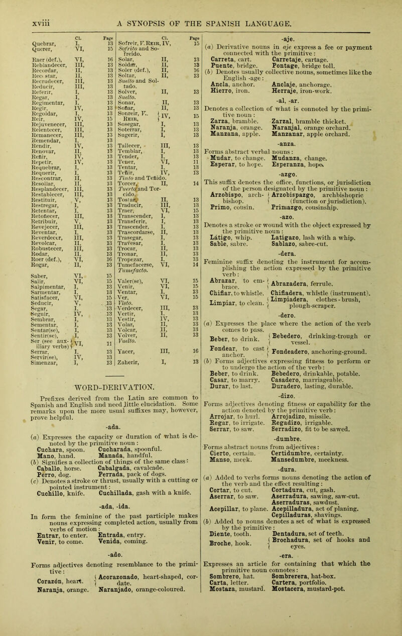 Cl. Pape Cl. Page Quebrar, 1, 13 Sofreir, T .Reir, IV, 15 (Jucrer, VI, 15 Sofiito and So- freido. Raer (def.l. VI, 16 Solar, II, 13 Eeblandecer, HI, 13 Soldar, II, 13 Recordar, II, 13 Soler (def.). II, 16 Reel star, II, 13 Soltar, II, 13 Kecrudecer, III, 13 Suelto and Sol- Rediicir, III, 13 tado. Ret'enr, I, 13 Solver, II, 13 Regar, I, 13 Suelto. Regimentar, I. 13 Sonar, II, 13 Regir. IV, 13 Sonar, II, 13 Regoldar, I, 13 Sonreir, V- Refr. IV, 15 Reir, Rejuvenecer, III, 13 Sosegar, I, 13 Relentecer, III, 13 Sotefrar, I, 13 Remanecer, III, 13 Sugerir, I, 13 Remendar, I, 13 Rendir, IV, 13 Tallecer, III, 13 Renovar, II, 13 Temblar, I, 13 Reftir, IV, 13 Tender, I. 13 Repetir, IV, 13 Tener, VI, 11 Requebrar, I, 13 Tentar, I, 13 Reqtierir, I, 13 Tefiir, IV, 13 Rescomrar, II, 13 Tin^o and Tefiido. Resol lar. II. 13 Torcer, II, 14 Resplandccer, Ill, 13 Tyertdaw^ Tor- Restablecer, III, 13 cido. Restituir, V, 13 Tosiar;’ n. 13 Restregar, I, 13 Traducir, III, 13 Retentar, I. 13 Traer, VI, 15 RetoUecer, Ill, 13 Transcender, I, 13 Retribuir, V, 13 Transferir, I, 13 Revejecer, III, 13 Trascender. I, 13 Reventar, I, 13 Trascordarse, II, 13 Reverdecer, III, 13 Trasegar, I, 13 Revolcar, II. 13 Travesar, I, 13 Robiistecer, Ill, 13 Trocar, II, 13 Rodar, II, 13 Tronar, 11, 13 Roer (.def.). VI, 16 Tropezar, I. 13 Rogar, 11, 13 Tnmefacerse, VI, 14 Tumefacto. Saber, VI, 15 Salir. VI, 15 Valer(se), VI, 15 Salpimentar, I, 13 Venir, VI, 15 Sarmentar, 1, 13 Ventar, I, 13 Satisfacer, VI, 15 Ver. VI, 15 Seducir, V, . 13 Visto. Segar, I, 13 Verdecer, in. 13 Segiiir, IV, 13 Vertir, 1. 13 Sembrar, I, 13 Vestir, IV, 13 Sementar, I, 13 Volar, II, 13 Sentar(se), I, 13 Volcar, 11, 13 Sentir(se), I, 13 Volver, 11, 13 Ser (see aux- Vuelto. iliary verbs) ■\I, Serrar, I, 13 Yacer, IJI, 16 Servir(se), IV, 13 Simenzar, I, 13 Zaberir, I, 13 WORD-DERIVATION. Prefixes derived from the Latin are common to Spanish and English and need little elucidation. Some remarks upon the more usual suffixes may, however, prove helpful. -ada. (a) Expresses the capacity or duration of what is de- noted by the primitive noun : Cuchara, spoon. Cucharada, spoonful. Mano, hand. Manada, handful. (b) Signifies a collection of things of the same class: Caballo. horse. Cabalgada, cavalcade. Perro, dog. Perrada. pack of dogs. (c) Denotes a stroke or thrust, usually with a cutting or pointed instrument: Cuchillo, knife. Cuchillada, gash with a knife. -ada, -ida. In form the feminine of the past participle makes nouns expressing completed action, usually from verbs of motion: Entrar, to enter. Entrada, entry. Venir, to come. Venida, coming. ado. -aje. (a) Derivative nouns in aje express a fee or payment connected with the primitive : Carreta, cart. Carretaje, cartage. Puente, bridge. Pontage, bridge toll. (b) Denotes usually collective nouns, sometimes like the English -age: Ancla, anchor. Anclaje, anchorage. Hierro, iron. Herraje, iron-work. -al, -ar. Denotes a collection of what is connoted by the primi- tive noun : Zarza, bramble. Zarzal, bramble thicket. Naranja, orange. Naranjal, orange orchard. Manzana, apple. Manzanar, apple orchard. -anza. Forms abstract verbal nouns: Mudar, to change. Mudanza, change. Esperar, to hope. Esperanza, hope» -azgo. This suffix denotes the office, functions, or jurisdiction of the person designated by the primitive noun : Arzobispo, arch- I Arzobispazgo, archbishopric bishop. f (function or jurisdiction). Primo, cousin. Primazgo, cousinship. -azo. Denotes a stroke or wound with the object expressed by the primitive noun : Latigo, whip. Latigazo, lash with a whip. Sable, sabre. Sablazo, sabre-cut. -dera. Feminine suffix denoting the instrument for accom- plishing the action expressed by the primitive verb: ^'^^brace ) Abrazadera, ferrule. Chiflar, to whistle. Chifladera, whistle (instrument). T • • , 1 (Limpiadera, clothes - brush, Limpiar, to clean. piough-scraper. -dero. (а) Expresses the place where the action of the verb comes to pass. Beber, to drink, j Bebedero.^^drinking-trough or ^°*^ancho/° ) Bondeadero, anchoring-ground. (б) Forms adjectives expressing fitness to perform or to undergo the action of the verb : Beber, to drink. Bebedero, drinkable, potable. Casar, to marry. Casadero, marriageable. Durar, to last. Duradero, lasting, durable. -dizo. Forms adjectives denoting fitness or capability for the action denoted by the primitive verb : Arrojar, to hurl. Arrojadizo, missile. Eegar, to irrigate. Regadizo, irrigable. Serrar, to saw. Serradizo, fit to be sawed. -dumbre. Forms abstract nouns from adjectives: Cierto, certain. Certidumbre, certainty. Manso, meek. Mansedumbre, meekness. -dura. (а) Added to verbs forms nouns denoting the action of the verb and the effect resulting: Cortar, to cut. Cortadura, cut, gash. Aserrar, to saw. Aserradura, sawing, saw-cut. Aserraduras, sawdust. Acepillar, to plane. Acepilladura, act of planing. Cepilladuras, shavings. (б) Added to nouns denotes a set of what is expressed by the primitive: Diente, tooth. Dentadura, set of teeth. T, 1 ( Brochadura, set of hooks and Broche, hook. ^ -era. Forms adjectives denoting resemblance to the primi- tive : „ . , ^ (Aoorazonado, heart-shaped, cor- Corazon, heart. ) Naranja, orange. Naranjado, orange-coloured. Expresses an article for containing that which the primitive noun connotes: Sombrero, hat. Sombrerera, hat-box. Carta, letter. Cartera, portfolio. Mostaza, mustard. Hostacera, mustard-pot.