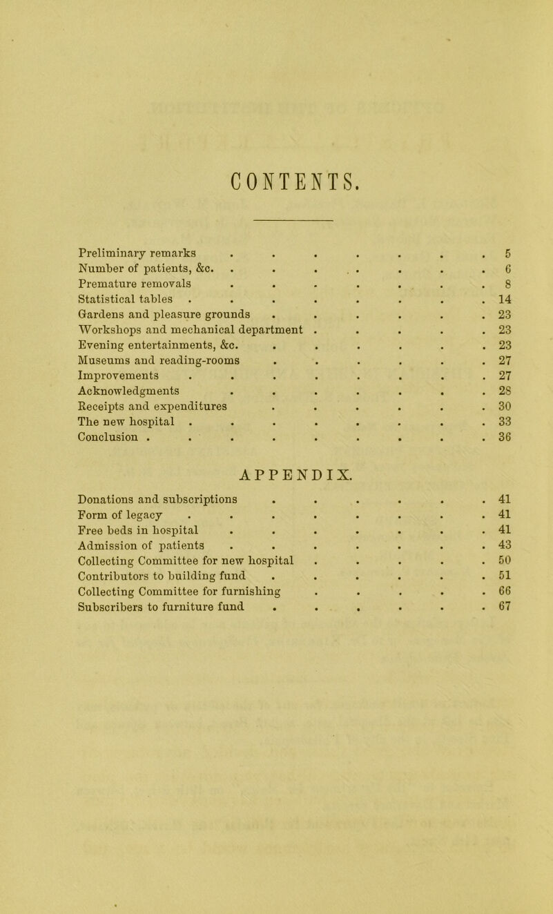 CONTENTS. Preliminary remarks . . . . . . .5 Number of patients, &c. . . ... . . .6 Premature removals . . . . . . .8 Statistical tables . . . . . . . .14 Gardens and pleasure grounds . . . . . .23 Workshops and mechanical department . . . . .23 Evening entertainments, &c. . . . . . .23 Museums and reading-rooms . . . . . .27 Improvements . . . . . . . .27 Acknowledgments . . . . . . .28 Receipts and expenditures . . . . . .30 The new hospital . . . . . . . .33 Conclusion . . . . . . . . .36 APPENDIX. Donations and subscriptions . . . . . .41 Form of legacy . . . . . . . .41 Free beds in hospital . . . . . . .41 Admission of patients . . . . . . .43 Collecting Committee for new hospital . . . . .50 Contributors to building fund . . . . . .51 Collecting Committee for furnishing . . . . .66 Subscribers to furniture fund . . . . . .67