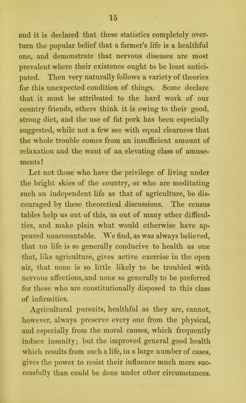 and it is declared that these statistics completely over- turn the popular belief that a farmer’s life is a healthful one, and demonstrate that nervous diseases are most prevalent where their existence ought to be least antici- pated. Then very naturally follows a variety of theories for this unexpected condition of things. Some declare that it must be attributed to the hard work of our country friends, others think it is owing to their good, strong diet, and the use of fat pork has been especially suggested, while not a few see with equal clearness that the whole trouble comes from an insufficient amount of relaxation and the want of an elevating class of amuse- ments ! Let not those who have the privilege of living under the bright skies of the country, or who are meditating such an independent life as that of agriculture, be dis- couraged by these theoretical discussions. The census tables help us out of this, as out of many other difficul- ties, and make plain what would otherwise have ap- peared unaccountable. We find, as was always believed, that no life is so generally conducive to health as one that, like agriculture, gives active exercise in the open air, that none is so little likely to be troubled with nervous affections, and none so generally to be preferred for those who are constitutionally disposed to this class of infirmities. Agricultural pursuits, healthful as they are, cannot, however, always preserve every one from the physical, and especially from the moral causes, which frequently induce insanity; but the improved general good health which results from such a life, in a large number of cases, gives the power to resist their infiuence much more suc- cessfully than could be done under other circumstances.