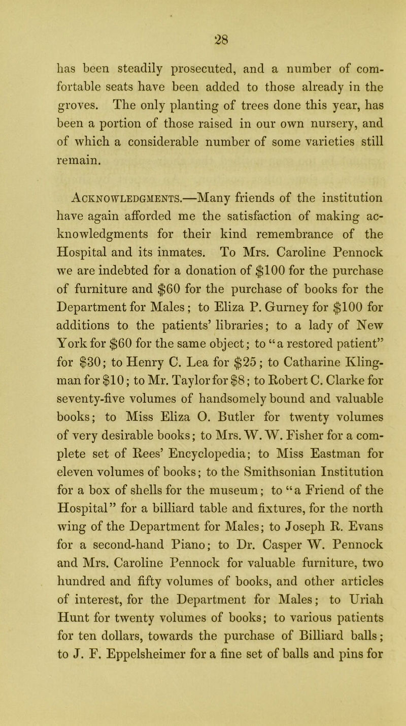 has been steadily prosecuted, and a number of com- fortable seats have been added to those already in the groves. The only planting of trees done this year, has been a portion of those raised in our own nursery, and of which a considerable number of some varieties still remain. Acknowledgments.—Many friends of the institution have again afforded me the satisfaction of making ac- knowledgments for their kind remembrance of the Hospital and its inmates. To Mrs. Caroline Pennock we are indebted for a donation of $100 for the purchase of furniture and $60 for the purchase of books for the Department for Males; to Eliza P. Gurney for $100 for additions to the patients’ libraries; to a lady of New York for $60 for the same object; to “a restored patient” for $30; to Henry C. Lea for $25; to Catharine Kling- man for $10; to Mr. Taylor for $8; to Robert C. Clarke for seventy-five volumes of handsomely bound and valuable books; to Miss Eliza O. Butler for twenty volumes of very desirable books; to Mrs. W. W. Fisher for a com- plete set of Rees’ Encyclopedia; to Miss Eastman for eleven volumes of books; to the Smithsonian Institution for a box of shells for the museum; to “a Friend of the Hospital” for a billiard table and fixtures, for the north wing of the Department for Males; to Joseph R. Evans for a second-hand Piano; to Dr. Casper W. Pennock and Mrs. Caroline Pennock for valuable furniture, two hundred and fifty volumes of books, and other articles of interest, for the Department for Males; to Uriah Hunt for twenty volumes of books; to various patients for ten dollars, towards the purchase of Billiard balls; to J. F. Eppelsheimer for a fine set of balls and pins for