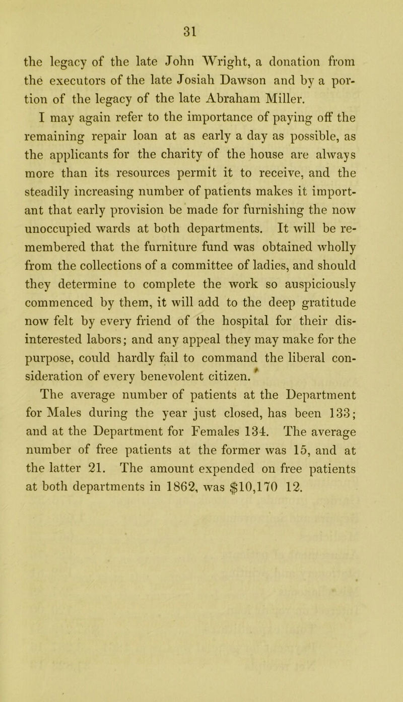 the legacy of the late John Wright, a donation from the executors of the late Josiah Dawson and by a por- tion of the legacy of the late Abraham Miller. I may again refer to the importance of paying off the remaining repair loan at as early a day as possible, as the applicants for the charity of the house are always more than its resources permit it to receive, and the steadily increasing number of patients makes it import- ant that early provision be made for furnishing the now unoccupied wards at both departments. It will be re- membered that the furniture fund was obtained wholly from the collections of a committee of ladies, and should they determine to complete the work so auspiciously commenced by them, it will add to the deep gratitude now felt by every friend of the hospital for their dis- interested labors; and any appeal they may make for the purpose, could hardly fail to command the liberal con- sideration of every benevolent citizen. The average number of patients at the Department for Males during the year just closed, has been 133; and at the Department for Females 134. The average number of free patients at the former was 15, and at the latter 21. The amount expended on free patients at both departments in 1862, was $10,170 12.