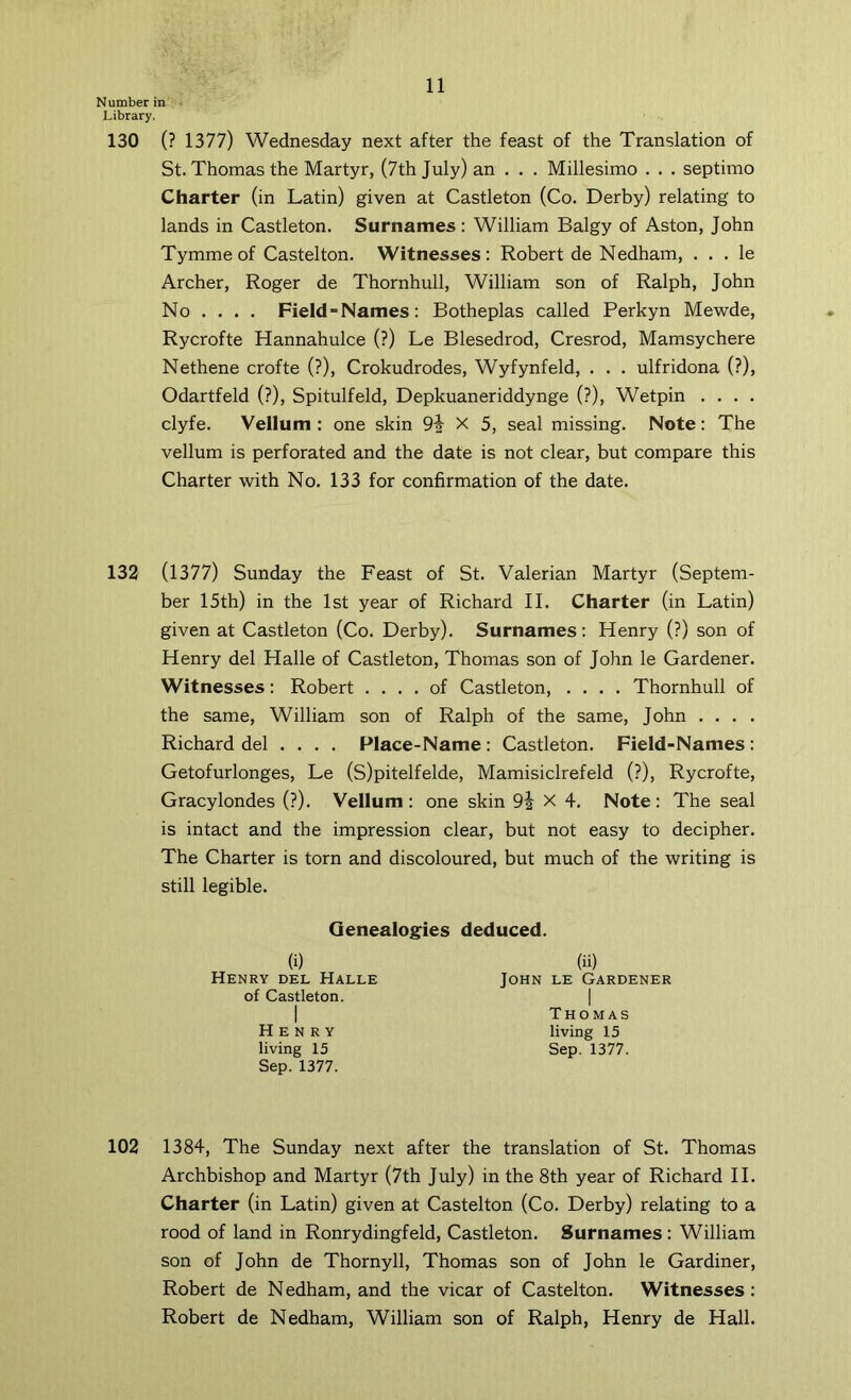 Number in Library. 130 (? 1377) Wednesday next after the feast of the Translation of St. Thomas the Martyr, (7th July) an . . . Millesimo . . . septimo Charter (in Latin) given at Castleton (Co. Derby) relating to lands in Castleton. Surnames: William Balgy of Aston, John Tymmeof Castelton. Witnesses: Robert de Nedham, . . . le Archer, Roger de Thornhull, William son of Ralph, John No ... . Field “Names: Botheplas called Perkyn Mewde, Rycrofte Hannahulce (?) Le Blesedrod, Cresrod, Mamsychere Nethene crofte (?), Crokudrodes, Wyfynfeld, . . . ulfridona (?), Odartfeld (?), Spitulfeld, Depkuaneriddynge (?), Wetpin . . . . clyfe. Vellum : one skin 9i X 5, seal missing. Note: The vellum is perforated and the date is not clear, but compare this Charter with No. 133 for confirmation of the date. 132 (1377) Sunday the Feast of St. Valerian Martyr (Septem- ber 15th) in the 1st year of Richard II. Charter (in Latin) given at Castleton (Co. Derby). Surnames: Henry (?) son of Henry del Halle of Castleton, Thomas son of John le Gardener. Witnesses: Robert .... of Castleton, .... Thornhull of the same, William son of Ralph of the same, John . . . . Richard del ... . Place-Name : Castleton. Field-Names : Getofurlonges, Le (S)pitelfelde, Mamisiclrefeld (?), Rycrofte, Gracylondes (?). Vellum : one skin 9i X 4. Note: The seal is intact and the impression clear, but not easy to decipher. The Charter is torn and discoloured, but much of the writing is still legible. 102 1384, The Sunday next after the translation of St. Thomas Archbishop and Martyr (7th July) in the 8th year of Richard II. Charter (in Latin) given at Castelton (Co. Derby) relating to a rood of land in Ronrydingfeld, Castleton. Surnames; William son of John de Thornyll, Thomas son of John le Gardiner, Robert de Nedham, and the vicar of Castelton. Witnesses : Robert de Nedham, William son of Ralph, Henry de Hall. Genealogies deduced. (i) Henry del Halle of Castleton. Henry living 15 Sep. 1377. Thomas living 15 Sep. 1377.