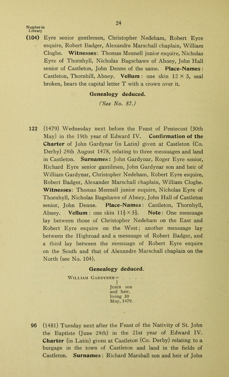 Number in Library (104) Eyre senior gentlemen, Christopher Nedeham, Robert Eyre • esquire, Robert Badger, Alexandre Marschall chaplain, William Cloghe. Witnesses: Thomas Mennell junior esquire, Nicholas Eyre of Thornhyll, Nicholas Bagschawe of Abney, John Hall senior of Castleton, John Denne of the same. Place-Names : Castleton, Thornhill, Abney. Vellum : one skin 12 X 5, seal broken, bears the capital letter T with a crown over it. Genealogy deduced. (See No. 87.) 122 (1479) Wednesday next before the Feast of Pentecost (30th May) in the 19th year of Edward IV. Confirmation of the Charter of John Gardynar (in Latin) given at Castleton (Co. Derby) 24th August 1478, relating to three messuages and land in Castleton. Surnames: John Gardynar, Roger Eyre senior, Richard Eyre senior gantilmen, John Gardynar son and heir of William Gardynar, Christopher Nedeham, Robert Eyre esquire, Robert Badger, Alexander Marschall chaplain, William Cloghe. Witnesses: Thomas Mennell junior esquire, Nicholas Eyre of Thornhyll, Nicholas Bagshawe of Abney, John Hall of Castleton senior, John Denne. Place-Names: Castleton, Thornhyll, Abney. Vellum: one skin ll^xSi. Note: One messuage lay between those of Christopher Nedeham on the East and Robert Eyre esquire on the West; another messuage lay between the Highroad and a messuage of Robert Badger, and a third lay between the messuage of Robert Eyre esquire on the South and that of Alexandre Marschall chaplain on the North (see No. 104). Genealogy deduced. William Gardyner= .... I John son and heir, living 30 May, 1479. 96 (1481) Tuesday next after the Feast of the Nativity of St. John the Baptiste (June 24th) in the 21st year of Edward IV. Charter (in Latin) given at Castleton (Co. Derby) relating to a burgage in the town of Castleton and land in the fields of Castleton. Surnames : Richard Marshall son and heir of John