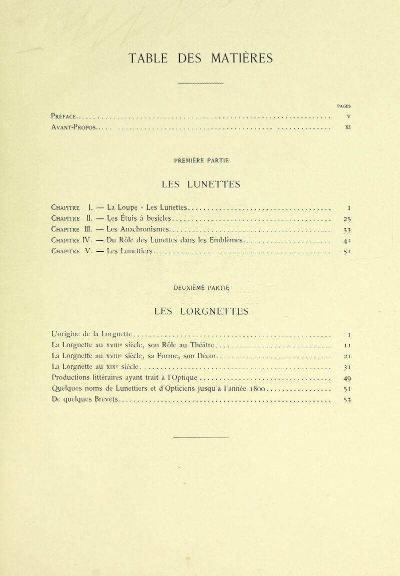 TABLE DES MATIÈRES PAGES Préface v Avant-Propos xi PREMIÈRE PARTIE LES LUNETTES Chapitre I. — La Loupe - Les Lunettes i Chapitre IL — Les Etuis à besicles 25 Chapitre III. — Les Anachronismes 33 Chapitre IV. — Du Rôle des Lunettes dans les Emblèmes 41 Chapitre V. — Les Lunettiers 51 DEUXIÈME PARTIE LES LORGNETTES L’origine de la Lorgnette 1 La Lorgnette au xvme siècle, son Rôle au Théâtre 11 La Lorgnette au xvme siècle, sa Forme, son Décor 21 La Lorgnette au xixc siècle 31 Productions littéraires ayant trait à l'Optique 49 Quelques noms de Lunettiers et d’Opticiens jusqu’à l’année 1800 51 De quelques Brevets 53