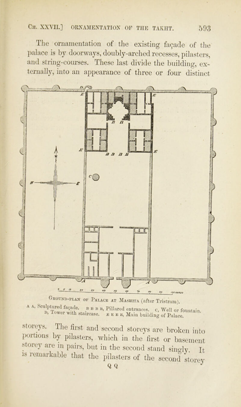 The ornamentation of the existing facade of the palace is by doorways, doubly-arched recesses, pilasters, and string-courses. These last divide the building, ex- ternally, into an appearance of three or four distinct m n'' Ifl PI |V>| fM Grounu-plan of Palace at Mashita (after Tristram). dpturecl ® ^ entrances, c, Well or fountain. , lower with staircase, e e e e, Main building of Palace. vStoreys. The first and second storeys are broken into portions by pilasters, which in the first or basement stole} are in pairs, but in the second stand sincrly IS remarkable that the pilasters of the second Lrey Q Q