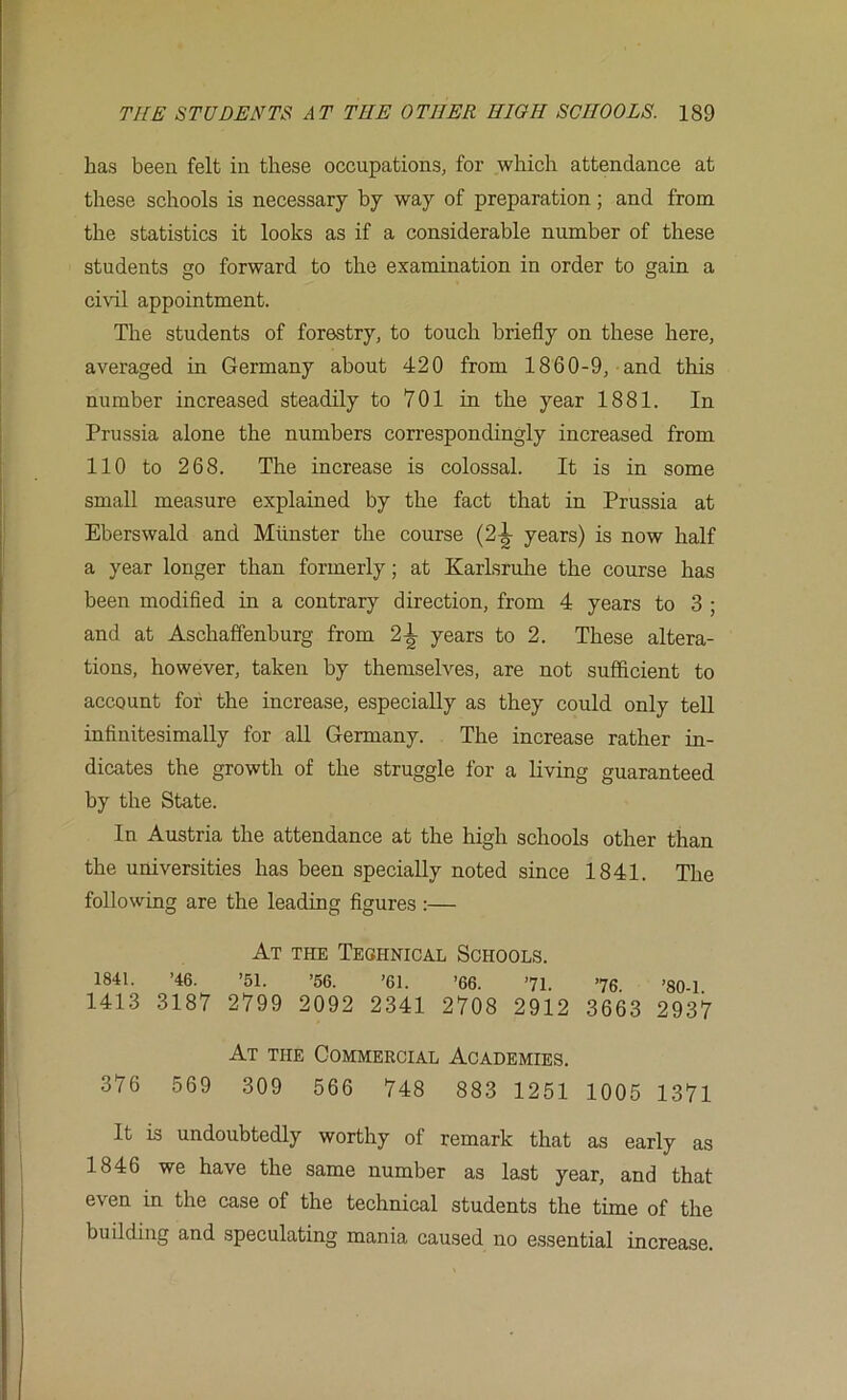 has been felt in these occupations, for which attendance at these schools is necessary by way of preparation; and from the statistics it looks as if a considerable number of these students go forward to the examination in order to gain a ci\dl appointment. The students of forestry, to touch briefly on these here, averaged in Germany about 420 from 1860-9, and this number increased steadily to 701 in the year 1881. In Prussia alone the numbers correspondingly increased from 110 to 268. The increase is colossal. It is in some small measure explained by the fact that in Prussia at Eberswald and Miinster the course (2-|- years) is now half a year longer than formerly; at Karlsruhe the course has been modified in a contrary direction, from 4 years to 3 ; and at Aschaffenburg from 2-| years to 2. These altera- tions, however, taken by themselves, are not sufficient to account for the increase, especially as they could only teU infinitesimally for all Germany. The increase rather in- dicates the growth of the struggle for a living guaranteed by the State. In Austria the attendance at the high schools other than the universities has been specially noted since 1841. The following are the leadmg figures :— At the Technical Schools. 1841. ’46. ’51. ’56. ’61. ’66. ’71. ’76. ’80-1 1413 3187 2799 2092 2341 2708 2912 3663 2937 At the Commercial Academies. 376 569 309 566 748 883 1251 1005 1371 It is undoubtedly worthy of remark that as early as 1846 we have the same number as last year, and that even in the case of the technical students the time of the building and speculating mania caused no essential increase.