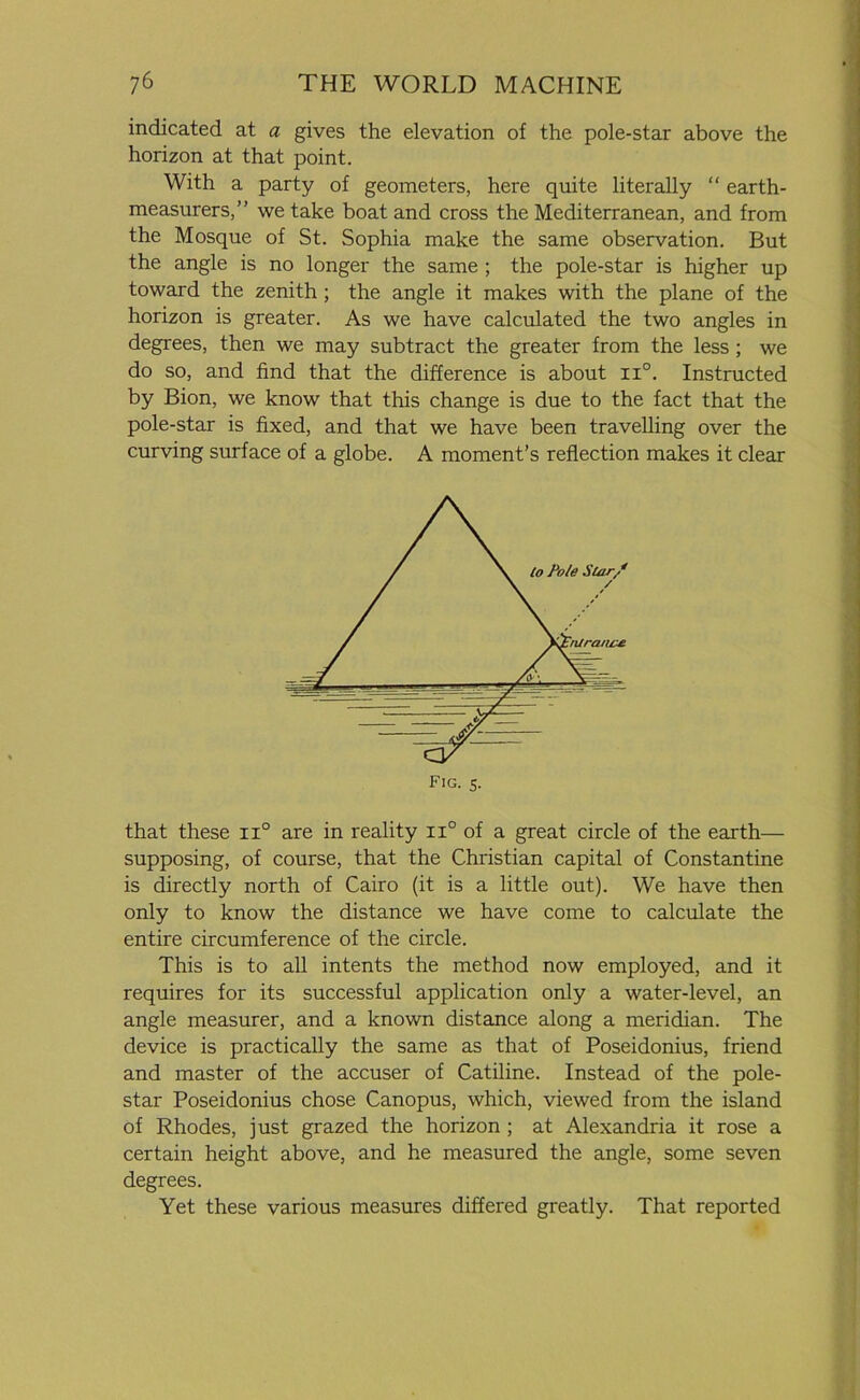 indicated at a gives the elevation of the pole-star above the horizon at that point. With a party of geometers, here quite literally “ earth- measurers,” we take boat and cross the Mediterranean, and from the Mosque of St. Sophia make the same observation. But the angle is no longer the same ; the pole-star is higher up toward the zenith ; the angle it makes with the plane of the horizon is greater. As we have calculated the two angles in degrees, then we may subtract the greater from the less ; we do so, and find that the difference is about n°. Instructed by Bion, we know that this change is due to the fact that the pole-star is fixed, and that we have been travelling over the curving surface of a globe. A moment’s reflection makes it clear that these n° are in reality 110 of a great circle of the earth— supposing, of course, that the Christian capital of Constantine is directly north of Cairo (it is a little out). We have then only to know the distance we have come to calculate the entire circumference of the circle. This is to all intents the method now employed, and it requires for its successful application only a water-level, an angle measurer, and a known distance along a meridian. The device is practically the same as that of Poseidonius, friend and master of the accuser of Catiline. Instead of the pole- star Poseidonius chose Canopus, which, viewed from the island of Rhodes, just grazed the horizon ; at Alexandria it rose a certain height above, and he measured the angle, some seven degrees. Yet these various measures differed greatly. That reported