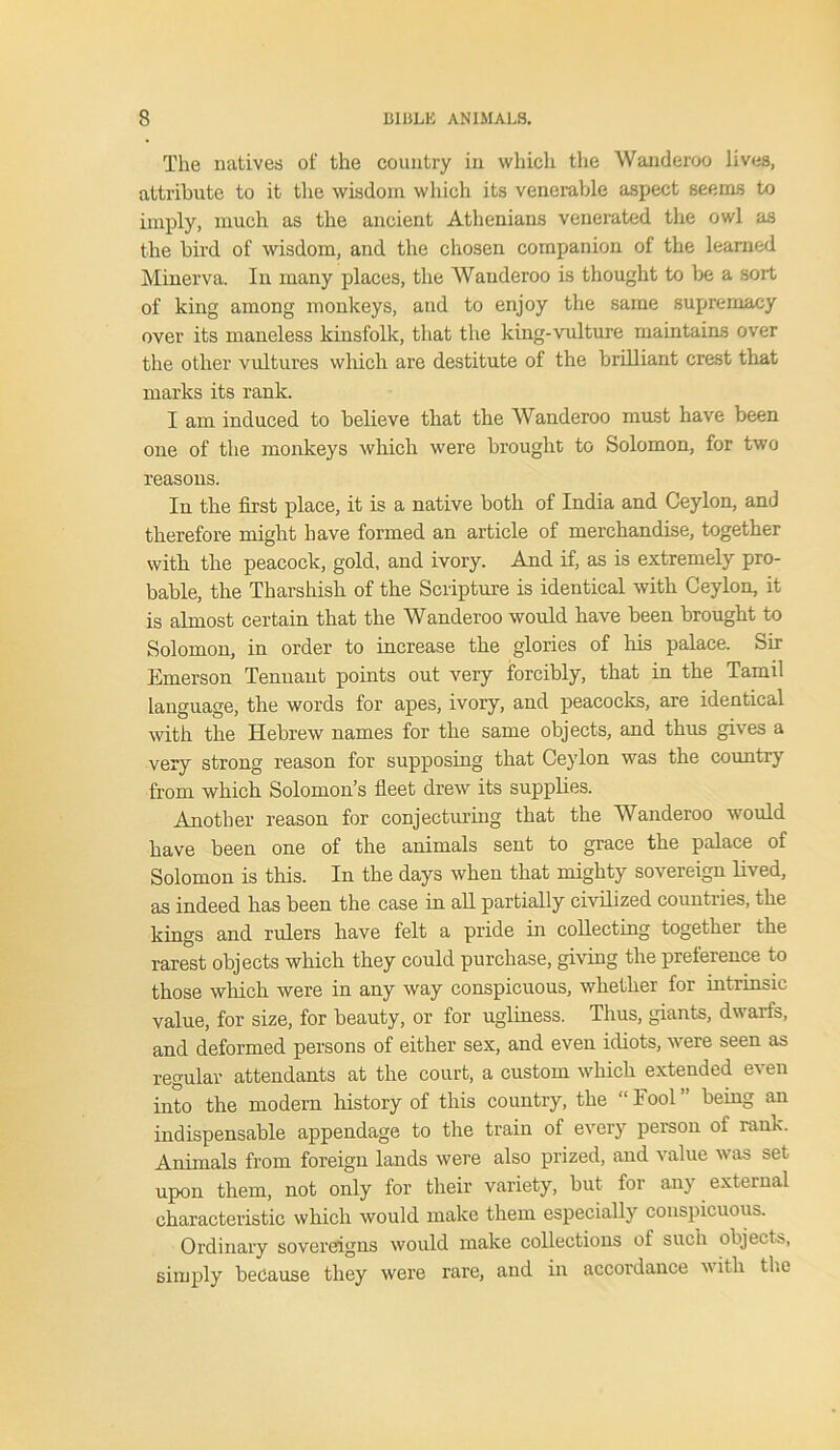 The natives of the country in which the Wanderoo lives, attribute to it the wisdom which its venerable aspect seems to imply, much as the ancient Athenians venerated the owl as the bird of wisdom, and the chosen companion of the learned Minerva. In many places, the Wauderoo is thought to be a sort of king among monkeys, and to enjoy the same supremacy over its maneless kinsfolk, that the king-vulture maintains over the other vultures which are destitute of the brilliant crest that marks its rank. I am induced to believe that the Wanderoo must have been one of the monkeys which were brought to Solomon, for two reasons. In the first place, it is a native both of India and Ceylon, and therefore might have formed an article of merchandise, together with the peacock, gold, and ivory. And if, as is extremely pro- bable, the Tharshish of the Scripture is identical with Ceylon, it is almost certain that the Wanderoo would have been brought to Solomon, in order to increase the glories of his palace. Sir Emerson Tennant points out very forcibly, that in the Tamil language, the words for apes, ivory, and peacocks, are identical with the Hebrew names for the same objects, and thus gives a very strong reason for supposing that Ceylon was the country from which Solomon’s fleet drew its supplies. Another reason for conjecturing that the Wanderoo would have been one of the animals sent to grace the palace of Solomon is this. In the days when that mighty sovereign lived, as indeed has been the case in all partially civilized countries, the kings and rulers have felt a pride in collecting together the rarest objects which they could purchase, giving the preference to those which were in any way conspicuous, whether for intrinsic value, for size, for beauty, or for ugliness. Thus, giants, dwarfs, and deformed persons of either sex, and even idiots, were seen as regular attendants at the court, a custom which extended even into the modem history of this country, the “Fool” being an indispensable appendage to the train of every person of rank. Animals from foreign lands were also prized, and value was set upon them, not only for their variety, but for any external characteristic which would make them especially conspicuous. Ordinary sovereigns would make collections of such objects, simply because they were rare, and in accordance w ith the