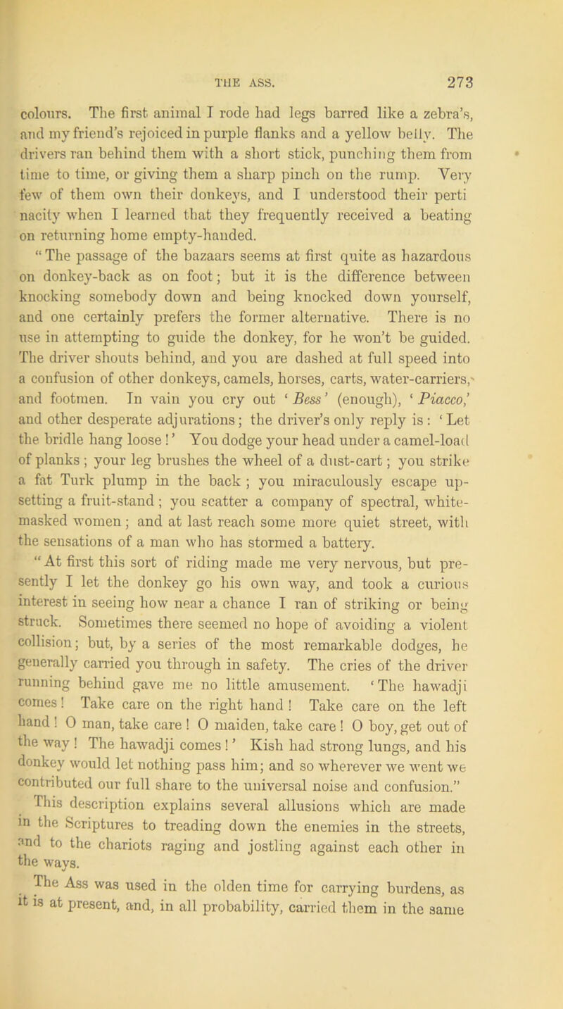colours. The first animal I rode had legs barred like a zebra’s, and my friend’s rejoiced in purple flanks and a yellow belly. The drivers ran behind them with a short stick, punching them from time to time, or giving them a sharp pinch on the rump. Very few of them own their donkeys, and I understood their perti nacity when I learned that they frequently received a beating on returning home empty-handed. “The passage of the bazaars seems at first quite as hazardous on donkey-back as on foot; but it is the difference between knocking somebody down and being knocked down yourself, and one certainly prefers the former alternative. There is no use in attempting to guide the donkey, for he won’t be guided. The driver shouts behind, and you are dashed at full speed into a confusion of other donkeys, camels, horses, carts, water-carriers,' and footmen. In vain you cry out ‘ Bess ’ (enough), 1 Piacco’ and other desperate adjurations; the driver’s only reply is: ‘ Let the bridle hang loose ! ’ You dodge your head under a camel-load of planks ; your leg brushes the wheel of a dust-cart; you strike a fat Turk plump in the back ; you miraculously escape up- setting a fruit-stand; you scatter a company of spectral, white- masked women ; and at last reach some more quiet street, with the sensations of a man who has stormed a battery. “ At first this sort of riding made me very nervous, but pre- sently I let the donkey go his own way, and took a curious interest in seeing how near a chance I ran of striking or being struck. Sometimes there seemed no hope of avoiding a violent collision; but, by a series of the most remarkable dodges, he generally carried you through in safety. The cries of the driver running behind gave me no little amusement. ‘The hawadji comes! Take care on the right hand ! Take care on the left hand ! 0 man, take care ! 0 maiden, take care ! 0 boy, get out of the way ! The hawadji comes ! ’ Kish had strong lungs, and his donkey would let nothing pass him; and so wherever we went we contributed our full share to the universal noise and confusion.” This description explains several allusions which are made m the Scriptures to treading down the enemies in the streets, ond to the chariots raging and jostling against each other in the ways. The Ass was used in the olden time for carrying burdens, as it is at present, and, in all probability, carried them in the same