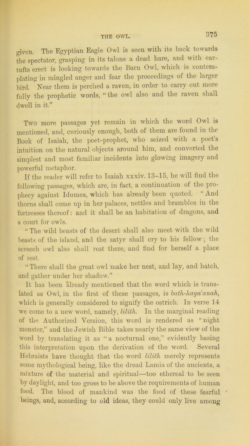 <uven. The Egyptian Eagle Owl is seen with its back towards the spectator, grasping in its talons a dead hare, and with ear- tufts erect is looking towards the Barn Owl, which is contem- plating in mingled anger and fear the proceedings of the larger bird. Near them is perched a raven, in order to carry out more fully the prophetic words, “the owl also and the raven shall dwell in it.” Two more passages yet remain in which the word Owl is mentioned, and, curiously enough, both of them are found in the Book of Isaiah, the poet-prophet, who seized with a poet’s intuition on the natural objects around him, and converted the simplest and most familiar incidents into glowing imagery and powerful metaphor. If the reader will refer to Isaiah xxxiv. 13-15, he will find the following passages, which are, in fact, a continuation ol the pro- phecy against Idumea, which has already been quoted. “ And thorns shall come up in her palaces, nettles and brambles in the fortresses thereof: and it shall be an habitation of dragons, and a court for owls. “The wild beasts of the desert shall also meet with the wild beasts of the island, and the satyr shall cry to his fellow; the screech owl also shall rest there, and find for herself a place of rest. “There shall the great owl make her nest, and lay, and hatch, and gather under her shadow.” It has been already mentioned that the word which is trans- lated as Owl, in the first of these passages, is bath-1lay a’anah, which is generally considered to signify the ostrich. In verse 14 we come to a new word, namely, lilith. In the marginal reading of the Authorized Version, this word is rendered as “night monster,” and the Jewish Bible takes nearly the same view of the word by translating it as “ a nocturnal one,” evidently basing this interpretation upon the derivation of the word. Several Hebraists have thought that the word lilith merely represents some mythological being, like the dread Lamia of the ancients, a mixture of the material and spiritual—too ethereal to be seen by daylight, and too gross to be above the requirements of human food. The blood of mankind was the food of these fearful beings, and, according to old ideas, they could only live among