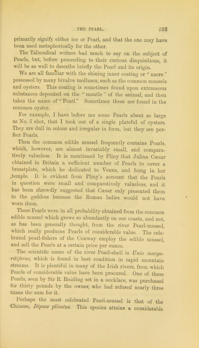 primarily signify either ice or Pearl, and that the one may have been used metaphorically for the other. The Talmudical writers had much to say on the subject of Pearls, but, before proceeding to their curious disquisitions, it will be as well to describe briefly the Pearl and its origin. We are all familiar with the shining inner coating or “ nacre ” possessed by many bivalve molluscs, such as the common mussels and oysters. This coating is sometimes found upon extraneous substances deposited on the “ mantle ” of the animal, and then takes the name of “ Pearl.” Sometimes these are found in the common oyster. For example, I have before me some Pearls about as large as No. 5 shot, that I took out of a single plateful of oysters. They are dull in colour and irregular in form, but they are per- fect Pearls. Then the common edible mussel frequently contains Pearls, which, however, are almost invariably small, and compara- tively valueless. It is mentioned by Pliny that Julius Cmsar obtained in Britain a sufficient number of Pearls to cover a breastplate, which he dedicated to Venus, and hung in her .temple. It is evident from Pliny’s account that the Pearls in question were small and comparatively valueless, and it has been shrewdly suggested that Caesar only presented them to the goddess because the Pioman ladies would not have worn them. These Pearls were in all probability obtained from the common edible mussel which grows so abundantly on our coasts, and not, as has been generally thought, from the river Pearl-mussel, which really produces Pearls of considerable value. The cele- brated pearl-fishers of the Conway employ the edible mussel, and sell the Pearls at a certain price per ounce. The scientific name of the river Pearl-shell is Unio marya- ritiferus, which is found in best condition in rapid mountain streams. It is plentiful in many of the Irish rivers, from which Pearls of considerable value have been procured. One of these Pearls, seen by Sir B. Bedding set in a necklace, was purchased for thirty pounds by the owner, who had refused nearly three times the sum for it. Perhaps the most celebrated Pearl-mussel is that of the Chinese, Dipsos plicatus. This species attains a considerable