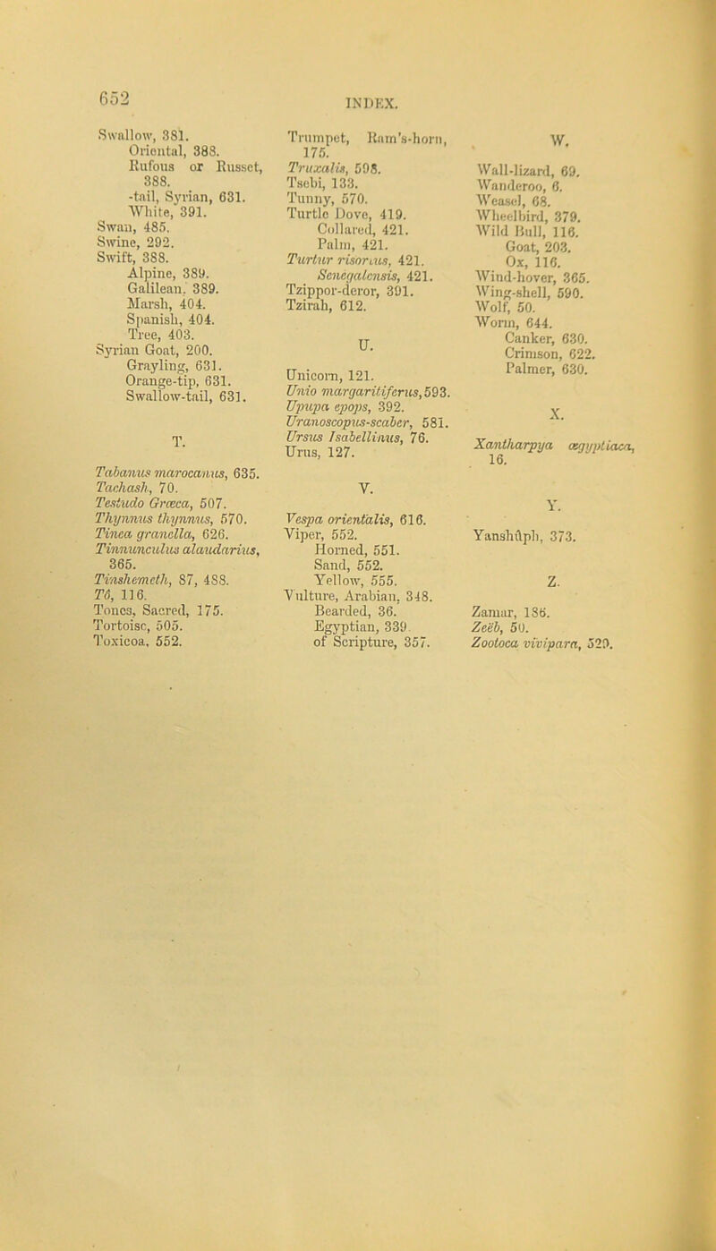 Swallow, 381. Oriental, 388. Rufous or Russet, 388. •tail, Syrian, 631. White, 391. Swan, 485. Swine, 292. Swift, 3S8. Alpine, 389. Galilean, 389. Marsh, 404. Spanish, 404. Tree, 403. Syrian Goat, 200. Grayling, 631. Orange-tip, 631. Swallow-tail, 631. T. Tabanus marocanus, 635. Tachash, 70. Testudo Grceca, 507. Thywnus thynnus, 570. Tinea granella, 626. Tinnunculua alaudarius, 365. Tinshemeth, 87, 488. T6, 116. Tones, Sacred, 175. Tortoise, 505. Toxicoa, 552. Trumpet, Ram’s-horn, 175. TruxalU, 598. Tsehi, 133. Tunny, 570. Turtle Dove, 419. Collared, 421. Palm, 421. Turtur risorMs, 421. Scncgalcnsis, 421. Tzippor-deror, 391. Tzirah, 612. U. Unicorn, 121. Unio margaritifcrus, 593. Upupa epops, 392. Uranoscopus-scabcr, 581. Ursus Isabellinus, 76. Urns, 127. V. Vespa orientalis, 616. Viper, 552. Homed, 551. Sand, 552. Yellow, 555. ■Vulture, Arabian, 348. Bearded, 36. Egyptian, 339 of Scripture, 357. W. Wall-lizard, 69. Wanderoo, 6. Weasel, 68. Wheelbird, 379. Wild Bull, 116. Goat, 203. Ox, 116. Wind-hover, 365. Wing-shell, 590. Wolf, 50. Worm, 644. Canker, 630. Crimson, 622. Palmer, 630. X. Xantharpya cegyptiaca, Y. Yanslulph, 373. Z. Zamar, 186. Zeeb, 50. Zootoca mvipara, 529.