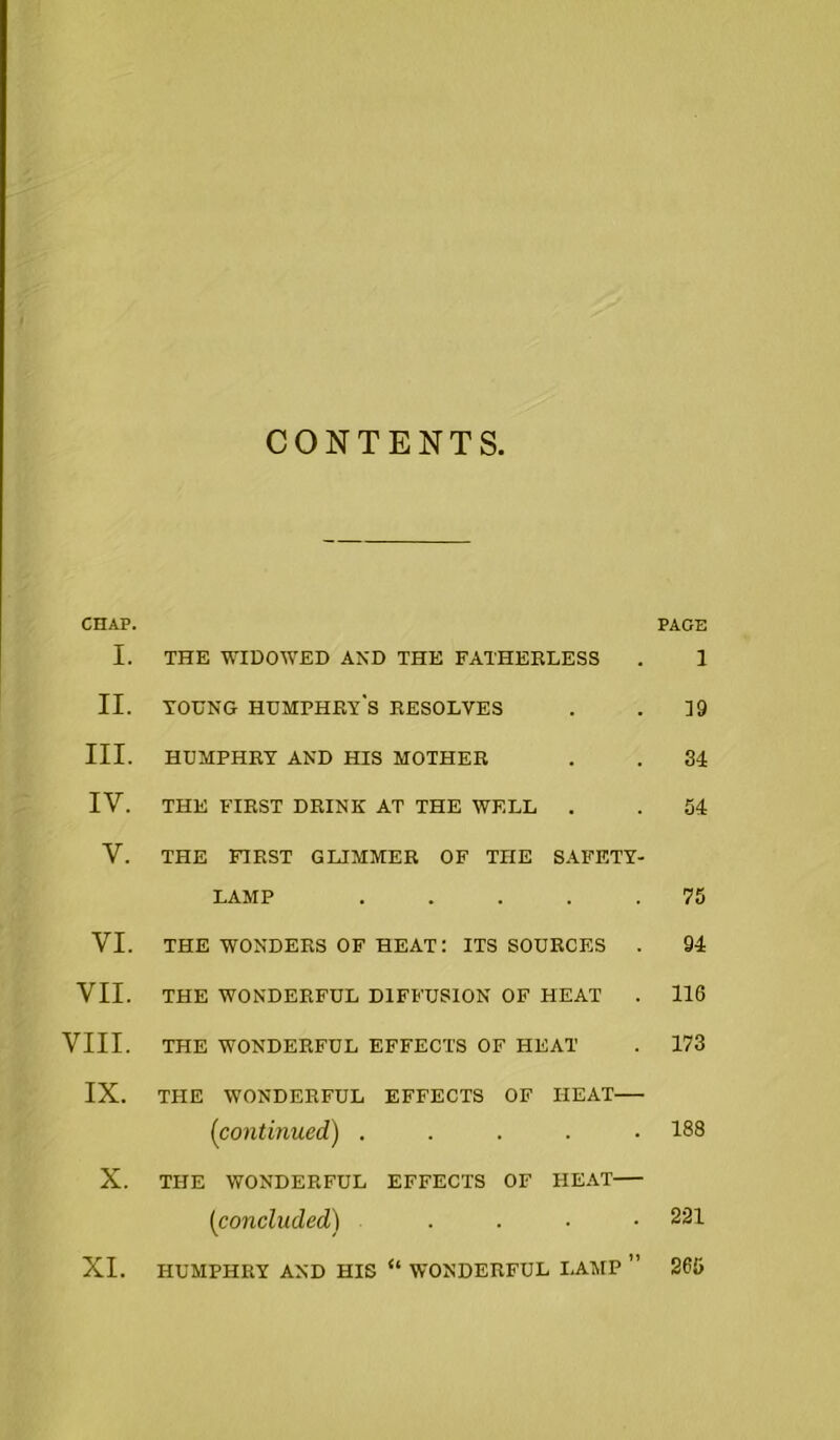 CONTENTS. CHAP. PAGE I. THE WIDOWED AND THE FATHERLESS . 1 II. young Humphry's resolves . .19 III. HUMPHRY AND HIS MOTHER . . 34 IY. THE FIRST DRINK AT THE WELL . . 54 Y. THE FIRST GLIMMER OF THE SAFETY- LAMP ..... 75 VI. THE WONDERS OF HEAT: ITS SOURCES . 94 VII. THE WONDERFUL DIFFUSION OF HEAT . 116 VIII. THE WONDERFUL EFFECTS OF HEAT . 173 IX. THE WONDERFUL EFFECTS OF HEAT (continued.) ..... 188 X. THE WONDERFUL EFFECTS OF HEAT (concluded) . . ■ .221 XI. HUMPHRY AND HIS “ WONDERFUL LAMP ” 265