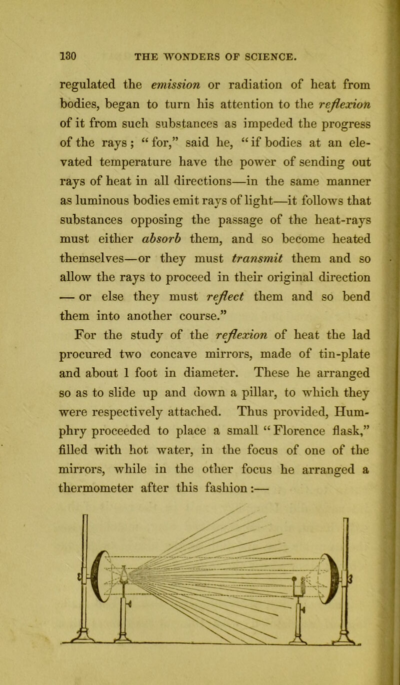 regulated the emission or radiation of heat from bodies, began to turn his attention to the reflexion of it from such substances as impeded the progress of the rays ; “ for,” said he, “ if bodies at an ele- vated temperature have the power of sending out rays of heat in all directions—in the same manner as luminous bodies emit rays of light—it follows that substances opposing the passage of the heat-rays must either absorb them, and so become heated themselves—or they must transmit them and so allow the rays to proceed in their original direction •— or else they must reflect them and so bend them into another course.” For the study of the reflexion of heat the lad procured two concave mirrors, made of tin-plate and about 1 foot in diameter. These he arranged so as to slide up and down a pillar, to which they were respectively attached. Thus provided, Hum- phry proceeded to place a small “ Florence flask,” filled with hot water, in the focus of one of the mirrors, while in the other focus he arranged a thermometer after this fashion:—