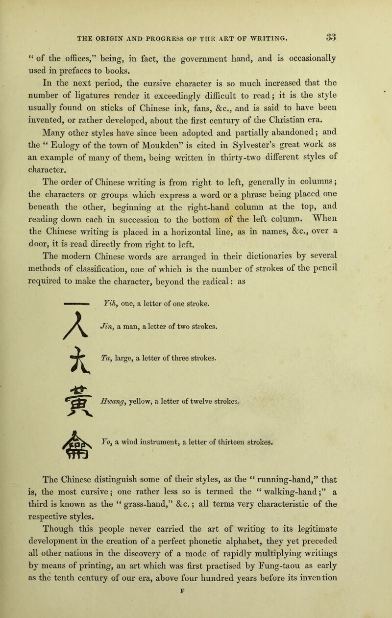 “ of the offices,” being, in fact, the government hand, and is occasionally used in prefaces to books. In the next period, the cursive character is so much increased that the number of ligatures render it exceedingly difficult to read; it is the style usually found on sticks of Chinese ink, fans, &c., and is said to have been invented, or rather developed, about the first century of the Christian era. Many other styles have since been adopted and partially abandoned; and the “ Eulogy of the town of Moukden” is cited in Sylvester’s great work as an example of many of them, being written in thirty-two different styles of character. The order of Chinese writing is from right to left, generally in columns; the characters or groups which express a word or a phrase being placed one beneath the other, beginning at the right-hand column at the top, and reading dovm each in succession to the bottom of the left column. When the Chinese writing is placed in a horizontal line, as in names, &c,, over a door, it is read directly from right to left. The modern Chmese words are arranged in their dictionaries by several methods of classification, one of which is the number of strokes of the pencil required to make the character, beyond the radical: as A i. Yih, one, a letter of one stroke. Jin, a man, a letter of two strokes. Ta, large, a letter of three strokes. Hwang, yellow, a letter of twelve strokes. Fo, a wind instrument, a letter of thirteen strokes. The Chinese distinguish some of their styles, as the “ running-hand,” that is, the most cursive; one rather less so is termed the “ walking-handa third is known as the ” grass-hand,” &c.; all terms very characteristic of the respective styles. Though this people never carried the art of writing to its legitimate development in the creation of a perfect phonetic alphabet, they yet preceded all other nations in the discovery of a mode of rapidly multiplying writings by means of printing, an art which was fu'st practised by Fung-taou as early as the tenth century of our era, above four hundred years before its invention F