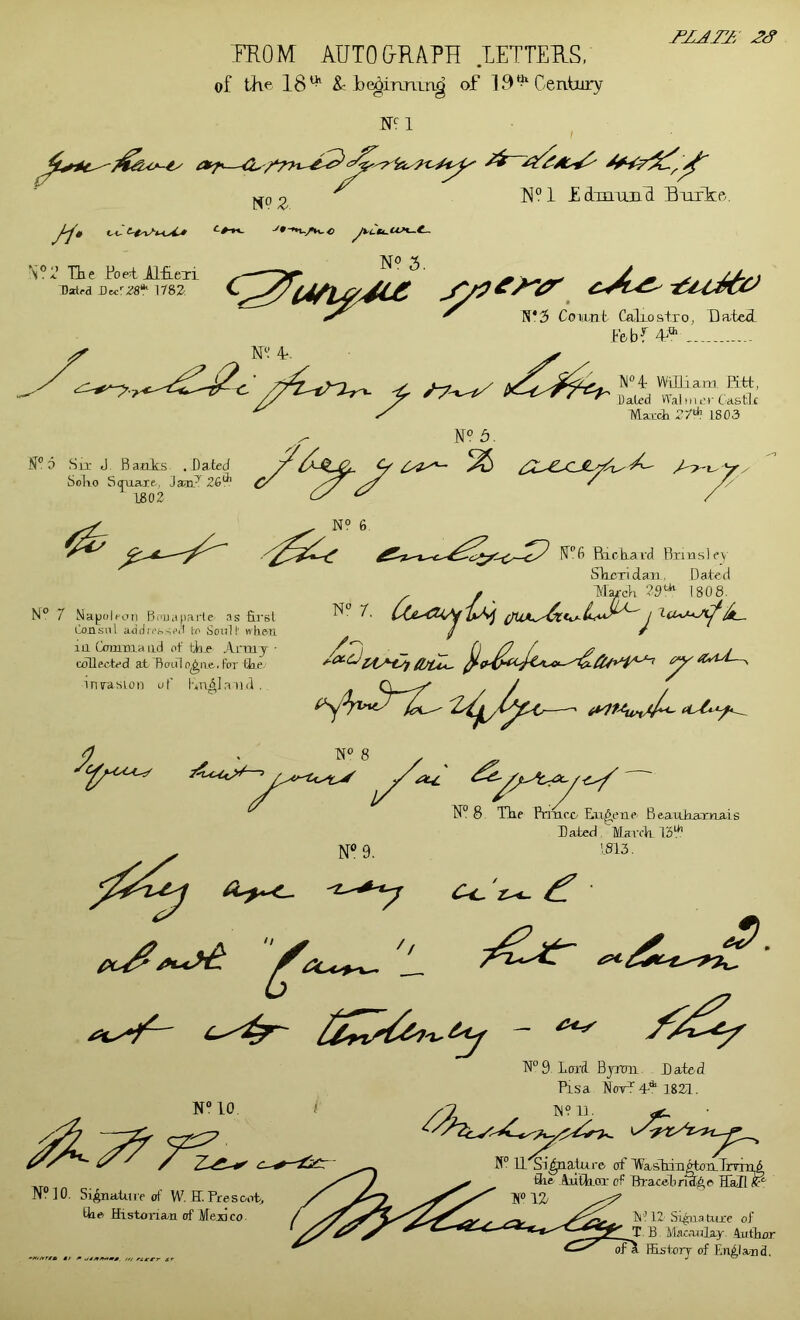 HLATJ; MOM AUTOORAPH LETTERS, of the 18& Le^innmg of 19*^ Century ^ ]S!°1 EdTnxuiT Burke. N°l’ The foet HfLexi Dated Dec'-^S* I78Z N« 5. m f. ^ W’3 Co iLiit Calxostro, T)atei .t'ebf d'”* - S” 0 Srr J. BaoJes .hated SoKo Smiart, Jaai^ Z6'^ 1802 N‘^4r VVilliara. HTt, D ated VTa 1 m i e r CastJ.c TA-sxch eytt 1803 N° 7 Na^olfon B.'uapai'te as first lensnl adda'.sse,! to Sonll' nhetl la Comma ad of the Army ■ collected at Bouln^ae. for tlie.' inraston of l^n^Ia iid . 1 /: N° 5. Rioiiard Biinsley SheTidair, Dated y _ Mycli 29^^ 1808. /a-d. t4y*^0;u^ •^0 ' ^ N®9, 8 The Prmce/Lu^ene Bfcauhanxais hated March ISf*? 1813. C^ 'z^ ^ Tt°9 Lcrrd Bjrcra. hated Pisa Not^ 4-* 1821. x; N“ 10. N?]0. Si^natui'e of W. BT. Presooh the Historian of Mexico »>rtrtrtm Sf * s/tjtnums. N° 11 Sl^atxu-ft of l^ashiii^mTrmid flie Author of BracehnS^e HallP' W12/ 111 12 Si^aatuxe of T. B Macoiilay. lutlor ora HLstorr of En^laxd.