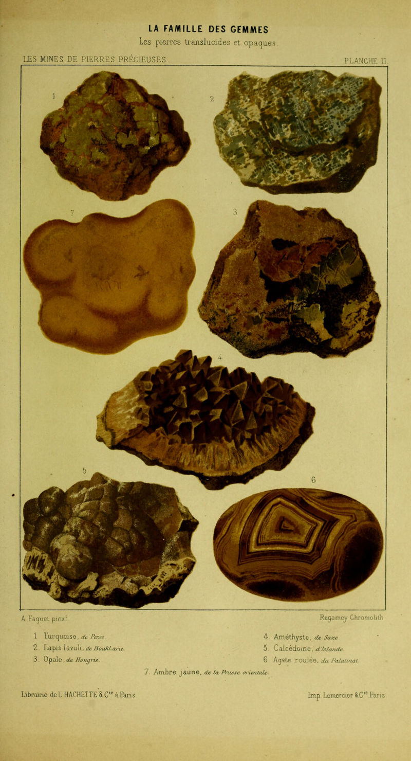 Les pierres translucides et opaques LES MINES DE PIERRES PRÉCIEUSES . PLANCHE IL A. La guet pim;1. Reqamey CKromolilh 1 lui' qu 01S e, de Perse . 2. Lapis -iazuii, deBoukh ai'ie 3. Opale , de. Il ont] rie 4 Améthyste, cU. Saxe. 5. Calcédoine, d'Jslajule 6 Agate roulée, du Pcdaunal 7. Ambre jaune, de La Prusse orientale.- Librairie deL HACHETTE SX16 à Paris Lmp Lemercier &CC Paris