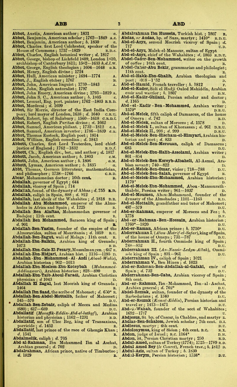 Abbot, Austin, American author; 1831 a. Abbot, Benjamin, American scholar; 1762—1849 A.e. Abbot, Benjamin, American author; 6. 1830 a. Abbot, Charles, first Lord Colchester, speaker of the Houseof Commons; 1757—1829 K.D.e. Abbot, Charles, English botanical writer ; d. 1817 Abbot, George, bishop of Lichfield 1«09, London IHIO, archbishop of Canterbury 1611; 16<i2—1633 h.d.l.w. Abbot, George, English theologian ; 1604—1648 o.B. Abbot, Henry, English divine ; 1724 Abbot, HulL American minister; 1694—1774 A. Abbot, J., English etcher; 1767 B. Abbot, John, American linguist; 1759—1843 A. Abbot, John, English naturalist; 1797 Abbot, John Emery, American divine ; 1793—1819 A. Abbot, John S. C., American author; h. 1805 e. Abbot, Lemuel, Eng. port, painter; 1762—1803 B.B.D. Abbot, Mordecai ; d. 1699 Abbot, Sir Morris, director of the East India Com- pany, lord mayor of London, 1638 ; d. 1640 c.B.u. Abbot, Robert, bp. of Salisbury; 1560—1618 c.E.D.i. Abbot, Robert, English Puritan divine; d. 1662 Abbot, Samuel, American philant. ; 1732—1812 e.A. Abbot, Samuel, American inventor; 1786—1839 e.A. Abbot, Thomas Eastock, English poet; 1814 Abbot, William, English comedian ; d. 1843 Abbott, Charles, first Lord Teuterden, lord chief- justice of England; 1762—1832 R.D./. Abbott, Ch., English div., hot., and author; d. 1817 Abbott, Jacob, American author; b. 1803 e.M. Abbott, John, American author ; b. 1806 ^ a.M. Abbott, Lyman, American author; 6. 1835 a. Abbt, Thomas, German litterateur, mathematician, and philosopher ; 1738—1766 C.b.d. Abcar, Mohammedan doctor ; 16th cent. B. Abdallah, governor of Egypt; 644 Abdallah, viceroy of Spain ; 714 Abdallah, found, of the dynasty of Abbas; d. 755 B.n. Abdallah, caliph in Spain, 888 ; d. 912 Abdallah, last sheik of the Wahabites ; d. 1818 d.b. Abdallah Abu Mohammed, emperor of the Almo- hades in Africa and Spain ; d. 1225 E. Abdallah Ben Alaftas, Mohammedan governor of Badajoz ; 11th cent. E. Abdallah Ben Mohammed, Saracen king of Spain; d. 901 B. AbdaUah-Ben-Yaslm, founder of the empire of the Almoravides, sultan of Mauritania ; d. 1059 E. U. Abdallah-Ben-Zagut, wali of Malaga ; 11th cent. e. Abdallah-Ebn-Balkin, Arabian king of Grenada; 1073 E D. Abdallah-Ebn-Cais-El-Fezary, Mussulman gen.; 667 R. Abdallah-Ebn-Hidjarl, Arabian hist. ; 1110—1195 d. Abdallah -Ebn - Mohammed - A1 - Azdi {Aboul- Walis), Arabian historian ; 962—1013 D. Abdallah-Ebn-Moslem-Ebn-Koteybah (Moliammed- Addinasaiari), Arabian historian ; 828—890 D. Abdallah-Ebn-Taib-Aboul-Faradi, Arabian Christian physician ; d 1043 D. Abdallah El Zagal, last Moorish king of Granada ; 1464 B. AbdaUah Ibn Saad, the scribe of Mahomet; d. 650* R. AbdaUah-Ben-Abdel-Mottallb, father of Mahomet; , 545—570 D.u. AbdaUah-Ben-Zobair, caliph of Mecca and Medina (680); 617-689 D.u. AbdaUatif (Movaffik-Eddin-Abd-el-lathyf), Arabian historian and physician ; 1162—1231 R.D. AbdaUatif, son of Ulec Beg, king of Transaxiana, parricide ; d. 1452 B. AbdaUatif, last prince of the race of Ghengis Khan ; d. 1541 R. AbdalmelUc, caUph ; d. 705 Abd al-Rahmau, Ibn Mohammed Ibn al Aschat, Arabian general; d. 702 D. Abdalrahmau, African prince, native of Timbuctoo ; d. 1829 B. Abdalrahmau Ibn Hussein, Turkish hist. ; 1807 E. Abdas, or Audas, bp. of Suza, martyr; 1410* e.d.u. Abd-el-Azyz, second Moorish viceroy of Spain ; d. 717 u.D. Abd-el-Azyz, Malek-el-Mansour, sultan of Egypt Abd-el-Azyz, chief of the Wahabites; rf. 1803 e.d.u. Abdel-Cader-Ben-Mohammed, writer on the growth of coffee ; 16th cent. e. Abdel-Caher-Abu Bekir, grammarian and philologist; 11th cent. R. Abd-el-Hakk-Ebn-GhaUb, Arabian theologian and poet; iOS8-l’52 D. Abd-el-Hamid, French traveller; 6. 1812 F. Abd-el-Kader,Sidi el Hadji Ouled Mahiddin, Arabian emir and warrior ; b. 1807 D.M. Abd-el-Kadlr-GhUani, Persian scholar and doctor; d. 1165 D. Abd - el - Eadir - Ben - Mohammed, Arabian writer ; 1570* D.R.U. Abd-el-Melek, fifth caliph of Damascus, of the house of Omeya : d. 742 e.d. Abd-el-Melek, sultan of Morocco ; d. 1578 D. Abd-el-Melek I., sultan of Khorassan; cl. 961 D.R.U. Abd-el-Melek II., 998; d. 999 d.e.u. Abd-el-Melek-Ben-Hischam-el-Himyari, Arabian his- torian and poet; d. 833 d. Abd-el-Melek-Ben-Merouan, caliph of Damascus; 685 D.u. Abd-el-Melek-Ebn-HaUb-Assolami, Arabian writer; 801 -854 D. Abd-el-Melek-Ben-Kore3tb-AlbaheU, Al-Asmai, Ara- bian savant; 740—822 D. Abd-el-Melek-Ben-Omar, vizier; 718—788 D.u. Abd-el-Melek-Ben-Salah, governor of Egypt e. Abd-el-Melek-Ebn-Mohammed, Arabian historian; 1170' D. Abd-el-Melek-Ebn-Mohammed, Abou - Mansourath - thalebi, Persian writer; 961—1037 D. Abd-el-Moumen, Abou-Mohamnied, founder of the dynasty of the Almohades ; 1101—1163 R.D. Abd-el-MottaUb, grandfather and tutor of Mahomet; 497-579 D.u. Abd-er-Rahman, emperor of Morocco and Fez; b. 1778 D.F. Abd-er-Rahman-Ben-Hossain, Arabian historian ; 1760*-1820 D.u. Abd-er-Raman, African prince ; b. 1750* d.u. Abderrahman I. {Abo-u-Motrif-el-Safar),king of Spain, of the house of Omeya; 731—787 D.u. Abderrahman II., fourth Ommiade king of Spain; 788—852 D.u. ' Abderrahman III. (An-Nassir-Ledyn-Allah), Ommi- ade king of Spain ; 891—961 D.U. Abderrahman IV., caliph of Spain ; 1021 Abderrahman V., Ben Hixen ; d. 1023 Abd-er-Rahman-Ben-AbdaUah-al-Gafaki, emir of Spain; d. 732 D.U. Abderrahman-Ben-Caba, Arabian viceroy of Spain ; 8th cent. E. Abd-er-Rahman, Ibn - Mohammed, Ibn - al - Aschat, Arabian general; c7. 702* D.U. Abdel-Rezzak, sultan, founder of the dynasty of the Sarbedarians ; d. 1340 D.U. Abd-er-Rezzak (Kemal-Eddin), Persian historian and travel er ; 1413—1471 D.u. Abd-iJ.-Wahab, founder of the sect of Wahabites; 1692-1787 u. Abdjesus, St. bp. of Cascar, in Chaldsea, and martyr e. Abdias-Ben-Schalom, Jewish scholar ; 7th cent. d.z. Abdiesus, martyr ; 4th cent. d. u. Abdolonymus, king of Sidon ; 4th cent. B.c. R.x. Abdon, judge of Israel; b.c. 1164* d.h. Abdon, St, Persian Christian martyr; 250 R.D, Abdul-Amed, sultan of Turkey (1774); 1725—1789 R.D, Abdul Amed Bey (le Cuuret), French trav.; 6.1812 u, Abdul-Aziz, sultan of Tur key ; 6. 1830 Abdal-Ker^, Persian historian; 1738* D.U.