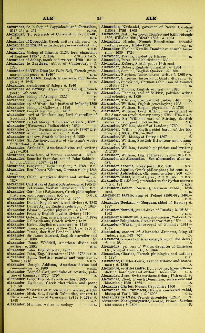 Alexander, St, bishop of Cappadocia and Jerusalem, 211*-25; 251 u.D.o. Alexander, St, patriarch of Constantinople, 317-40; d. 340 TJ.D. Alexander of LycopoUs, Greek writer ; 4th cent. d. Alexander of Tralles, in Lydia, physician and author ; 6th cent. X.R.C. Alexander, bishop of Lincoln 1123, lord chancellor of England 1135* ; d. 1147 c.w.p./.l.d.D. Alexander of Ashby, monk and writer ; 1200 o.d.b. Alexander le Partiger, abbot of Canterbury; d. 1220 B.D. Alexander de ViUe-Dieu (de Villa Dei), French gram- marian and poet; d. 1240* D.E. Alexander of Hales, English Franciscan and theolo- gian ; d. 1245 D.B. Alexander, archdeacon of Salop ; d. 1246 Alexander de Bemay [Alexander of Paris), French poet; 13th cent. U.d.c.b. Alexander, bishop of Ardagh; 1322 c. Alexander, bishop of Ross; 1357 k. Alexander, bp. of Meath, lord-justice of Ireland; 1399 Alexander, bishop of Galloway ; 1426 k Alexander, king of Georgia ; d. 1440* D. Alexander, earl of Dunfermline, lord chancellor of Scotland; 1605 Alexander, earl of Moray, Scotch sec. of state; 1682 Alexander (Wamsutta), Indian chief; 1662 B. Alexander, A , German chess-player ; 6. 1770* D.F. Alexander, Adam, English writer; d. 1846 Alexander, Andrew, Scotch hellenist; d. 1859 Alexander, Sir Anthony, master of the king’s works in Scotland; d. 16.37 Alexander, Archibald, American divine and writer; 1772-1851 e.A. Alexander, Benedetto, of Verona, anatomist; 1503 Alexander, Benedict Stanislas, son of John Sobieski, king of Poland ; 1677—1714 B.u. Alexander, Benjamin, English author; d. 1768 c.d. Alexander, Ben-Mosses Ethusan, German rabbi; 18th cent. O.D. Alexander, Caleb, American divine and author; d. 1828 A.B.a. Alexander, Carl, duke of Anhalt-Bernbourg; 6.1805 d. Alexander, Celestinus. Sicilian historian; 1160 d.b. Alexander, Cornelius (Polyhistor), Greek philosopher, historian, and geographer ; B.c. 80 D.n .x Alexander, Daniel, English divine ; d. 1709 Alexander, Daniel, English archt. and divine; d. 1843 Alexander, Daniel Asher, English architect; d. 1846 Alexander, Edward, English physician ; d. 1822 Alexander, Francis, English loyalist divine ; 1610 Alexander, Gabriel, Eng. miscellaneous writer; d. 1854 Alexander, Gallovidianus, Scotch writer; 1512 Alexander, Helen, English covenanter ; d. 1729 Alexander, James, secretary of New York: d. 1756 A. Alexander, James, sheriff of London ; 1802 d. Alexander, Sir James Edward, English traveller and author ; b. 1803 M. Alexander, James Waddell, American divine and author; 6. 1804 M.a. Alexander, John, English poet; 1707 Alexander, John, Eng. litterateur; 1736—1765 b.d.o. Alexander, John, Scottish painter and engraver at Rome ; 1718 B.B.D. Alexander, Joseph Addison, American divine and commentator; b. 1809 e.u.M. Alexander, Leopold-Carl, archduke of Austria, pala- tine of Hungary ; 1772-1795 D. Alexander, Levy, English Jewish author ; 1835 Alexander, Lychnus, Greek rhetorician and poet; B.c. .50 D. Alexander, Massarias, of Vicenza, med. writer; d.l598 Alexander, Mich. Sol., Jewish Talmudist, convert to Christianity, bishop of Jerusalem, 1841; 6. 1779, rf. 1845 d.l. Alexander, Myndius, writer on zoology B.x. Alexander, Nathaniel, governor of North Carolina-. (1806); 1756—1808 A.e. Alexander, Nath., bishop of ClonfertandKilmacduagh- 1802, KiUaloe 1804, Meath 1823 ; d. 1824 c. Alexander, Nicolas, French Benedictine, botanist and physician ; 1654-1728 c.d.b. Alexander, Noel or Natalis, Dominican church histo- rian ; 1639—1724 Alexander, Parvus, quoted by Rhazes b. Alexander, Peter, English divine; 1563 Alexander, Robert, Scotch poet; 16th cent. Alexander, Robert, English journalist; d. 1854 Alexander, Samuel, English Quaker ; d. 1824 Alexander, Stephen, Amer. astron. writ.; b. 1806 e.a. Alexander, Sulpicius, historian of Gaul; 4th cent. D. Alexander, Suesskind, German rabbi, son of Samuel of Metz ; 1708 o.D. Alexander, Thomas, English admiral; d. 1843 Alexander, Thomas, earl of Selkirk, political writer- and colonist; d. 1820 Alexander, Tiberius, procurator of Judsea; 46 D.. Alexander, William, English genealogist; 1703 Alexander, William, English physician ; d. 1788 Alexander, William, Lord Stirling, major-general ini the American revolutionary army; 1726—1783 e. A.e. Alexander, Sir William, earl of Stirling, Scottish statesman and poet; 1580—1640 c.E. Alexander, William, sheriff of London; 1750 D. Alexander, William, English chief baron of the Ex- chequer (1830); 1761*—1842 /.. Alexander, W., bishop of Derry; 1867 . d, Alexander, William, Scottish litterateur and drama- tist ; d. 1640 C.D. Alexander, William, Scottish physician and writer ;; d. 1783 w.D. Alexander, William, Eng. engraver; 1768—1816 d.b. Alexander ab Alexandro. See Alessandro-Ales'an- drl. Alexander Aetolus, Greek poet; b.c. 250 D.x. Alexander Aigaios, Greek philosopher; 1st cent. c.d. Alexander Aphrodisios, Gk. commentator; 200 c.d. Alexander-Balas, king of Syria; d. b.c. 146 r.d.x. Alexander II. (Zebina), pretender to the Syrian crown;; d. b c. 121 U.E.X. Alexander - Cohen (SiissHn), German rabbi; 13th: cent. o.D. .Alexander lagelo, king of Poland (1501-6); 1461— 1506 D.U.. Alexander Neckam, or Nequam, abbot of Exeter; d.. 1227 Alexander-Ne-wski, grand-duke of Russia ; b. 1218*— 1263 C.D.B. Alexander Numenius, Greek rhetorician; 2nd cent. D.. Alexander Feloplaton, Greek rhetorician; 150* c.d. Alexander - Wasa, prince-roval of Poland ; 1614— 1635 ■ D. Alexandra, consort of Alexander Jannseus, king of Judsea ; B.C. 143—70* D. Alexandra, consort of Alexander, king of the Jews;; d. B.c. 28 D. Alexandra, princess of Wales, daughter of Christian IX., king of Denmark; b. 1844 Alexandre, Charles, French philologist and author ;. 6. 1797 d.f. Alexandre, Charles-Louis, French tribune and states man; d. 1820 D. Alexandre, or Allerandre, Don Jacques, French Bene- dictine, horologer and author; 1653—1734 u.D. Alexandre, Jean, Swiss mathematician ; 17th cent. D. Alexandre, Noel, French Dominican, ecclesiastic and I historian ; 1639—1724 d. Alexandre d’Arles, French Capuchin ; 1700 d. Alexandre de Franclscis, Italian converted rabbi, bishop of Forli, 1594 ; d. 1600* O.D.. Alexandre de L’Isle, French chronicler ; 1210* D.. Alexandre-Karageorgewitz, George, Prince, Servian, statesman ; b. 1806 r.