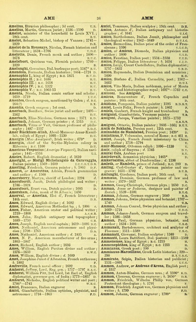 AME ATVnVT Amellus, Etrurian philosopher; 3d cent. U.R. Amellus, Martin, German jurist; 1526—1.590 d. Amelot, minister of the household to Louis XVI. ; 18th cent. E.U. Amelot, Sebastien-Michel, bishop of Vannes ; 1741— 1829 D.E. Amelot de la Houssaye, Nicolas, French historian and litterateur ; 1634—1706 U.D.C. Amelotte, Denis, French monk and author ; 1606— 1678 E.u.c. Amelsfoort, Qumnus van, Flemish painter; 1760— 1820 ■ B. Amelimg:]]!, Geronimo, Ital. burlesque poet; 1547* R.U. Amendola, Ferrante, Italian historian; 1664—1724 D. Amenophis I., king of Egypt; B.o. 1821 h.u.d. AmenopMs n.; b.o. 1686 h.u. Amenophis III.; b.c. 1618 H.u. Amenophis IV.; b.c. 1322 h.u. Amenophis V.; b.c. 1062-53 h.u. Amenta, Nicola, Italian comic author and scholar; 1659-1719 i.u.c. Amentes, Greek surgeon, mentioned by Galen ; d. b.c. 264 (?) R.X. Amentis, Greek surgeon ; 1st cent. d. Amerbach, Boniface, Swiss jurist and author ; 1495— 1562 D.U. Amerbach, Elias-Nicolaus, German mus.; 1571 k.d. Amerbach, Johann, German printer ; d. 1515 T).C. Amerbach, Vitus or Veit, German professor of philo- sophy ; 1487—1557 R.D.C. Amer Biackham-AUah, Aboul-Mansour-Amer-Kamil- lah, caliph of Egypt; 1095—1130 D.U. Amergin (Mac-Amalgaid), Irish writer ; 670* D. Amergin, chief of the Scytho-Mylesian colony in Hibernia ; B.C. 1100 D.U. Amerlcus-Vespucius (Amerigo-Vespucei), Italian navi- gator; 1441—1516 u.i. Ameire, Robert, English dramatist; d. 1610 Amerighi, or Mori^ Michelangelo da Caravaggio, Italian painter; 1569—1609 i.c.u.r.t.d.b. AmerUng, Friedrich, German painter ; 6. 1803 d.f. Amerot, or Amerottus, Adrien, French grammarian and author ; d. 1560 D. Amersberry, Martyn, sheriff of London; 1294 d. Amersfoordt, Jacob, Dutch philologist and writer; 1786—1824 D. Amersfoort, Evert van, Dutch painter ; 1605 D. Amersham, John, monk of St Alban's; 14-50 Amerval, or Amerlan, Eloi d’, French litterateur; 14th cent. D.E. Ames, Edward, English divine ; d. 1682 Ames, Edward, American Methodist bp. ; 6. 1806 e. Ames, Fisher, American orator and political writer; 1759-1808 A.e.a.E. Ames, John, English antiquary and topographer; 1689-1759 C.R. Ames, Joseph, English naval captain; 1619—1695 D.C. Ames, Nathaniel, American astronomer and physi- cian; 1708-1765 D.A. Ames, Nathaniel, American author ; d. 1835 A. Ames, N. P., American manufacturer of fire-arms; 1803—1847 A. Ames, Richard, English author ; 1693 Ames, 'William, English Puritan divine and author; 1576-1633 R.W.C. Ames, William, English divine ; d. 1689 Amet, Josephine Junot d’Albrantes, French authoress; b. 1802 F. AmfrevlUe, French naval officer ; 1692 U.D. Amherst, Jeffrey, Lord, Eng. gen.; 1717—1797 e.a.c. Amherst, WiUiam Pitt, 2nd Lord, 1st Earl of, English diplomatist, governor-gen. of India; 1773—1857 D. Amhurst, Nicholas, English political writer and poet; 1706*—1742 w.E.c. Amic^ Francesco, Italian engraver B. Amici, Giambattista, Italian optician, physicist, and astronomer ; 1784—1863 P.D. Amici, Toraniaso, Italian sculptor; 15th cent. D.U. Amico, Antonio d’, Italian. antiquary and historio- grapher ; d. 1641 U.I.C. Amico, Bartholomeo, Italian Jesuit, philosopher and theological writer ; 1.562—1649 D.U.i.c. Amico, Bernardino, Italian prior of the order of Fran- ciscans ; 1596 U.I.C.D. Amico, or Amicus, Diomede, Italian physician and author; 1600 u.l.D. Amico, Faustino, Italian poet; 1534—1558 u.r.D. Amico, Felippo, Italian litterateur ; 6. 1654 U.l.D. Amico, Luigi, Count Castellafero, Italian diplomatist; 1757—1832 U.R.D. Amico, Raymondo, Italian Dominican and musician ; 1600 K.D. Amico, Stefano d’, Italian Carmelite, poet; 1562— 1662 D.u.l. Amico, Vito-Maria, Italian nobleman, prior of Monte Casino, and historiographer-royal; 1697*—1762 C.U. Amiconi. See Amigonl. Amicus, Bonaventure d’, French Capuchin and painter; 16th cent. d. Amidano, Pomponio, Italian painter; 1595 b.d.r.t. Amiel, Louis Felix, French painter; 6. 1802 p. Amlels, Gaubert, French knight and troubadour E, Amigazzi, Giambattista, Veronese painter t.b. Amigonl, Jacopa, Venetian painter; 1675—1752 O.B.U.T. Amigoni, Ottavio, Italian painter; 1605—1661 b.u.t. Amik de Bokhaba, Persian poet; 12th cent. d. Aminaddin de Nazalabad, Persian poet; 1420* d. Amintinus, P. Volumnius, consul of Rome; B.o. 461 H. Amiot, .Joseph, French Jesuit missionary to China and author; 1718—1794 u. Amir-Mansour, Ottoman caliph ; 1096—1130 u. Amir, caliph of Smyrna; d. 1345 d u. Amiral Cals, Arabian poet Amirdovalt, Ai-menian phys Amkerbaldus, abbot of Dunl , Amleth, or Hamleth, prince of Jutland; B.c. 200 D. Amling, Carl-Gustav d’, German painter and en- graver; 1651-1702 B.u.E. Amlunghi, Girolamo, Italian poet; 16th cent. d. Ammseus, Dominic, German professor of law and writer ; 1579-1637 e. Amman, Georg-Christoph, German phys.; 1650 D.c. Amman, Josse or Jodocus, designer and painter of Zurich; 1539—1591 b.U.O. Amman, Johann, German en^aver ; 1640 E.B. Amman, Johanu, Swiss physician and botanist; 1707— 1740 U.R. Amman, Johann Conrad, Swiss physician and author; 1669-1724 u.D.c. Amman, Johann-Jacob, German surgeon and travel- ler ; 1586-1658 d. Amman, Paul, German physician, botanist, and author ; 1634—1691 u.R.o. Ammanati, Bartolommeo, architect and sculptor of Florence ; 1511—1589 u.E.C. Ammanati, Giovanni, Italian sculptor ; 1340 D. Ammanti, Laura Battiferri, Ital. poetess; 1513—1589 Ammenemes, king of Egypt; B.c. 1215 h. Ammenephthes, king of Egypt; B.c. 1255 h. Ammianus, Greek poet; 100 d. Ammlanus-Marcellinus, Greek Latin historian ; 320— 390 H.x. u.E.C. Ammirato, Scipio, Italian historian and publicist; 1531—1601 LU.c. Ammon, Andrew, or Andreas d’Arena, English poet; d. 1517 Ammon, Anton-Blasius, German mus.; d. 1590* x. d. Ammon, Clemenz, German engraver; b. 1650* d.b. Ammon, Friedrich, Wilhelm Philip von, German Protestant theologian ; b. 1791 r. Ammon, Friedricfi August von, German physician and writer; 6. 1799 P.D. Ammon, Johann, German engraver ; 1700* B.