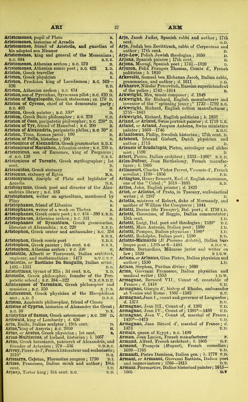 Aristomenes, pupil of Plato r. lsg2S:=rJ, B.c. 684 B.U.X. m, Athenian archon; B.c. 454 u. )n of Cyxene, chief of the democratic party; ASston^ut*Xciple^^^^^ and legislator'of A^^rius, areeh poet and director of the ^°et irian library ;_B.O. 183 _ Aristophanes, -m dter of a work on Thebes Aristophanes, Greek comic poet; B.c. 434—380 x, Aristophanes, Athenian archon; B.C. 331 Aristophanes of Byzantium, Greek gramma librarian at Alexandria; B.C. 220 x.e.d. Arlstophon, Greek orator and ambassador; B.c. 354 IS, .S