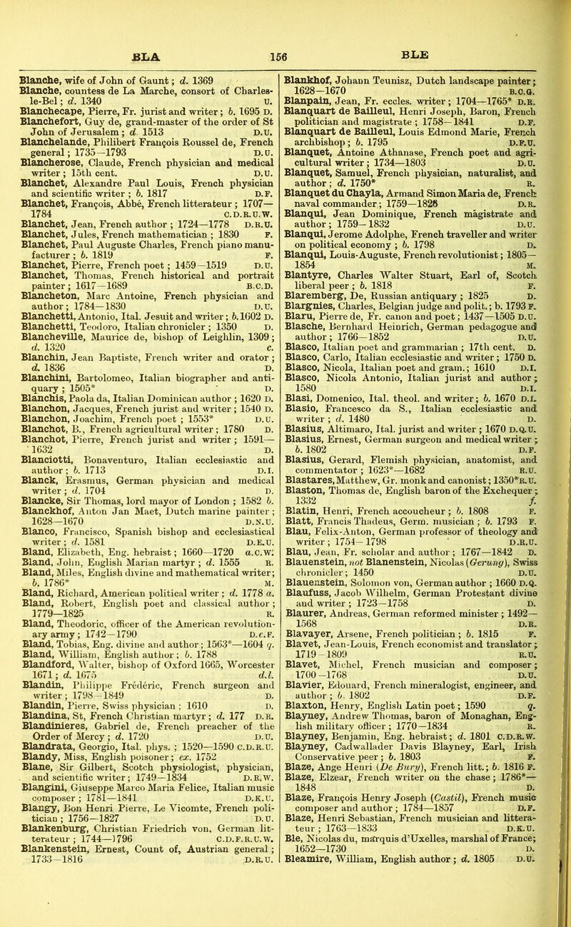 BLA 166 BLE 3, wife of John of Gaunt; d. 1369 Blanche, countess de La Harche, consort of Charles* le-Bel; d. 1340 U. Blanchecape, Pieire, Fr. jurist and writer; 5. 1695 D. Blanchefort, Guy de, grand-master of the order of St John of Jerusalem; d. 1513 D.U. Blanchelande, Philibert Francois Boussel de, French general; 1735—1793 D.U. Blancherose, Claude, French physician and medical writer; 15th cent. ' D.U. Blanchet, Alexandre Paul Louis, French physician and scientific writer ; 5. 1817 D.F. Blanchet, Francois, Abbe, French litterateur; 1707— 1784 C.D.E.U.W. Blanchet, Jean, French author ; 1724—1778 d.e.u. Blanchet, Jules, French mathematician ; 1830 F. Blanchet, Paul Auguste Charles, French piano manu- facturer ; 6. 1819 F. Blanchet, Pierre, French poet; 1459—1519 D.U. Blanchet, Thomas, French historical and portrait painter; 1617—1689 B.c.D. Blancheton, Marc Antoine, French physician and author; 1784—1830 D.U. Blanchetti, Antonio, Ital. Jesuit and writer; 6.1602 D. Blanchetti, Teodoro, Italian chronicler ; 1350 D. BlanchevUle, Maurice de, bishop of Leighlin, 1309; d. 1320 c. Blanchin, Jean Baptiste, French writer and orator; d. 1836 D. Blanchlni, Bartolomeo, Italian biographer and anti- quary ; 1505* ■ D. BlancMs, Paola da, Italian Dominican author ; 1620 D. Blanchon, Jacques, French jurist and writer; 1540 D. Blanchon, Joachim, French poet ; 1553* D.U. Blanchot, B., French agricultural writer; 1780 D. Blanchot, PieiTe, French jurist and writer; 1591— 1632 D. Blanciotti, Bonaventuro, Italian ecclesiastic and author : 6. 1713 D.I. Blanch, Erasmus, German physician and medical writer ; d. 1704 d. Blanche, Sir Thomas, lord mayor of London ; 1582 6. Blanchhof, Anton Jan Maet, Dutch marine painter; 1628—1670 D.N.U. Blanco, Francisco, Spanish bishop and ecclesiastical writer; d. 1581 D.E.U. Bland, Elizabeth, Eng. hebraist; 1660—1720 a.c.w; Bland, Jolin, English Marian martyr ; d. 1555 E. Bland, Miles, English divine and mathematical writer; 6. 1786* M. Bland, Richard, American political writer ; d. 1778 a. Bland, Robert, English poet and classical author ; 1779—1825 E. Bland, Theodoric, officer of the American revolution- ary army; 1742—1790 D.C.F. Bland, Tobias, Eng. divine and author; 1563*—1604 q. Bland, WiUiarn, English author; 6. 1788 Blandford, IValter, bishop of Oxford 1665, Worcester 1671; d. 1675 d.l. Blandin, I’biiippe Frederic, French surgeon and writer; 1798-1849 D. Blandin, Pierre, Swiss physician ; 1610 D. Blandina, St, French Christian martyr; d. 177 D. R. Blandlnieres, Gabriel de, French preacher of the Order of Mercy; d. 1720 D.U. Blandrata, Georgio, Ital. pliys. ; 1520—1590 c.d.e.u. Blandy, Miss, English poisoner; ex. 1752 Blane, Sir Gilbert, Scotch physiologist, physician, and scientific writer; 1749-1834 r “ - Blang^ini, Giuseppe Marco Maria Felice, Italian composer ; 1781—1841 l Blangy, Bon Henri Pierre, Le Vicomte, French poli tician ; 1756—1827 D.U Blanhenburg, Christian Friedrich von, German lit- terateur ; 1744—] 796 C.D.F.R.U.W. Blankenstein, Ernest, Count of, Austrian general; 1733-1816 D.E.U. Blankhof, Johann Teunisz, Dutch landscape painter; 1628-1670 B.O.O. Blanpain, Jean, Fr. eccles. writer; 1704—1765* d.e. Blanquart de Bailleul, Henri Joseph, Baron, French politician and magistrate ; 1758—1841 D.F. Blanquart de Bailleul, Louis Edmond Marie, French archbishop; 6. 1795 D.F.U. Blanquet, Antoine Athanase, French poet and agri- cultural writer; 1734—1803 D.U. Blanquet, Samuel, French physician, naturalist, and author ; d. 1750* R. Blanquet du Chayla, Armand Simon Maria de, French naval commander,; 1759—1826 D.E. Blanqui, Jean Dominique, French magistrate and author; 1759-1832 D.U. Blanqui, Jerome Adolphe, French traveUer and writer on political economy ; 6. 1798 D. Blanqui, Louis-Auguste, French revolutionist; 1805— 1854 M. Blantyre, Charles Walter Stuart, Earl of, Scotch liberal peer ; 6. 1818 F. Blaremherg, De, Russian antiquary ; 1825 D. Blargnies, Charles, Belgian judge and polit.; b. 1793 P. Blaru, Pierre de, Fr. canon and poet; 1437—1505 D.U. Blasche, Bernhard Heinrich, German pedagogue and author; 1766-1852 D.U. Blasco, Italian poet and grammarian ; 17th cent. D. Blasco, Carlo, Italian ecclesiastic and writer; 1750 D. Blasco, Nicola, Italian poet and gram.; 1610 D.I. Blasco, Nicola Antonio, Italian jurist and author; 1580 D.I. Blasi, Domenico, Ital. theol. and writer; 6. 1670 D.I. Blasio, Francesco da S., Italian ecclesiastic and writer ; d. 1480 D. Blasius, Altimaro, Ital. jurist and writer; 1670 D.Q.U. Blasius, Ernest, German surgeon and medical writer ; 5.1802 D.F. Blasius, Gerard, Flemish physician, anatomist, and commentator ; 1623*—1682 R.u. Blastares, Matthew, Gr. monk and canonist; 1350*e. u. Blaston, Thomas de, English baron of the Exchequer; 1332 /. Blatin, Henri, French accoucheur; b. 1808 F. Blatt, Francis Thadeus, Germ, musician ; b. 1793 P. Blau, Felix-Anton, German professor of theology and writer; 1754-1798 ‘ D.E.U. Blau, Jean, Fr. scholar and author ; 1767—1842 D. Blauenstein, not Blanenstein, Nicolas (Gening), Swiss chronicler; 1450 D.U. Blauenstein, Solomon von, German author ; 1660 d.q. Blaufuss, Jacob Wilhelm, German Protestant divine and writer ; 1723—1758 D. Blaurer, Andreas, German reformed minister; 1492— 1568 D.E. Blavayer, Arsene, French politician ; 6. 1815 F. Blavet, Jean-Louis, French economist and translator ; 1719-1809 E.U. Blavet, Michel, French musician and composer; 1700 -1768 D.U. Blavier, Edouard, French mineralogist, engineer, and author ; 5. 1802 D.F. Blaxton, Henry, English Latin poet; 1590 q, Bldkyney, Andrew Thomas, baron of Monaghan, Eng- lish military officer ; 1770—1834 E. Blayney, Benjamin, Eng. hebraist; d. 1801 C.D.E.W. Blayney, Cadwallader Davis Blayney, Earl, Irish Conservative peer; 6. 1803 P. Blaze, Ange Henri (De Bury), French litt.; 6. 1816 P. Blaze, Elzear, French writer on the chase; 1786*— 1848 D. Blaze, Francois Henry Joseph (Castil), French music composer and author; 1784—1857 D.F. Blaze, Henri Sebastian, French musician and littera- teur ; 1763—1833 D.K.U. Ble, Nicolas du, m^quis d’Uxelles, marshal of France; 1652—1730 D. Bleamire, William, English author; d. 1805 D.U.